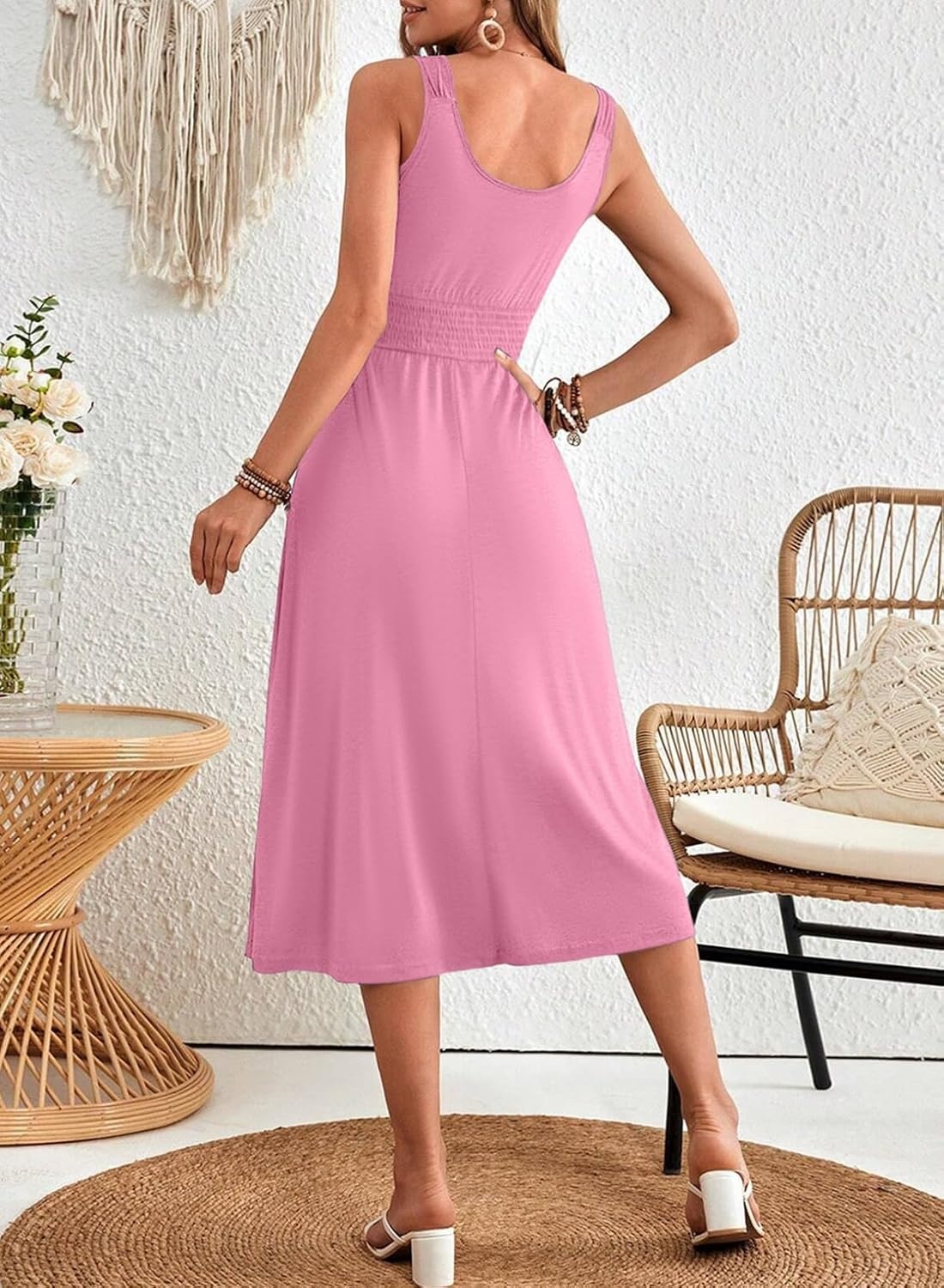image:imageDokotoo Womens Summer Dresses 2025 Sleeveless Button Down Smocked Empire Waist Casual ALine Swing Midi Dress SundressPink