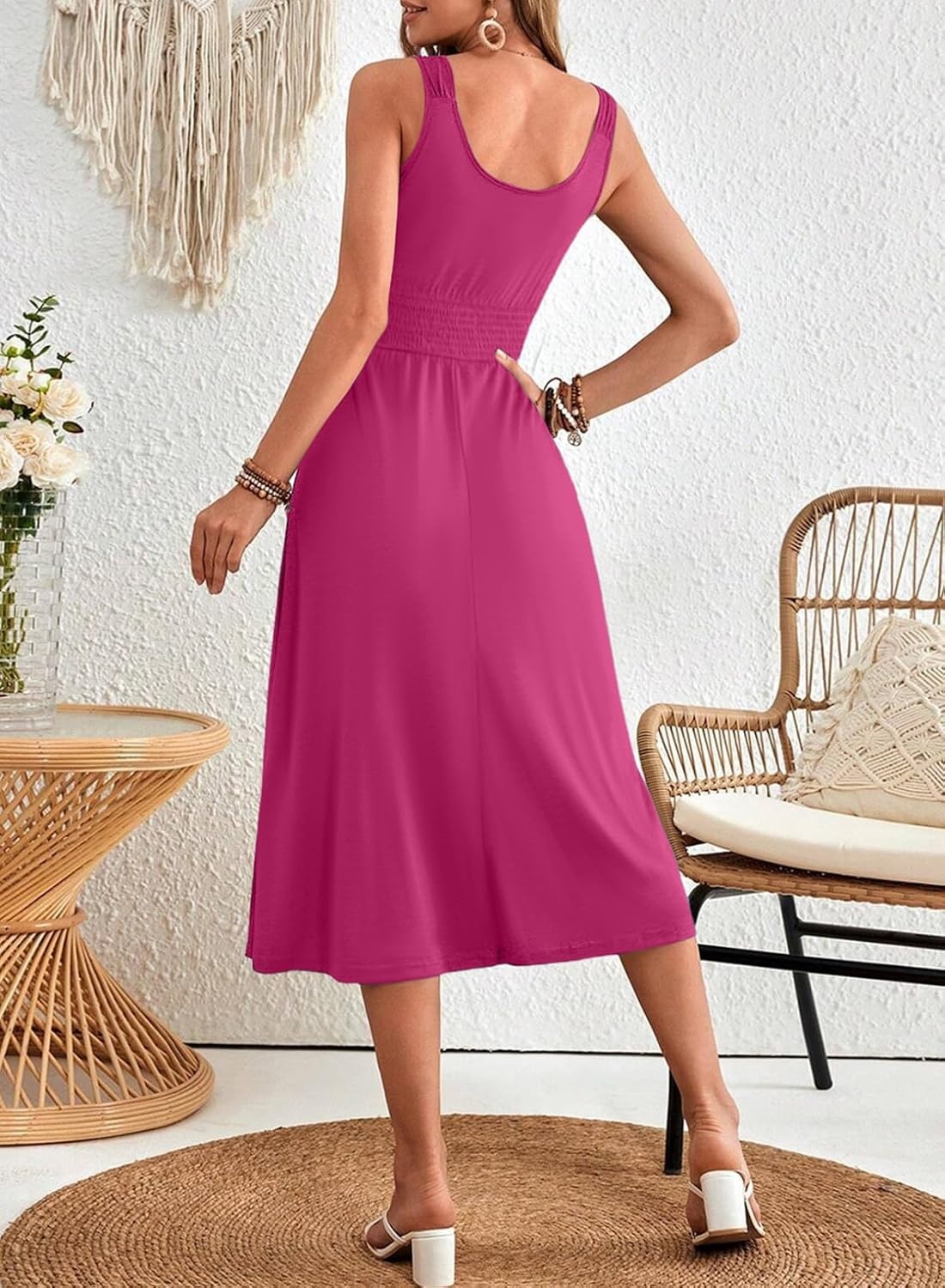image:imageDokotoo Womens Summer Dresses 2025 Sleeveless Button Down Smocked Empire Waist Casual ALine Swing Midi Dress SundressRosy