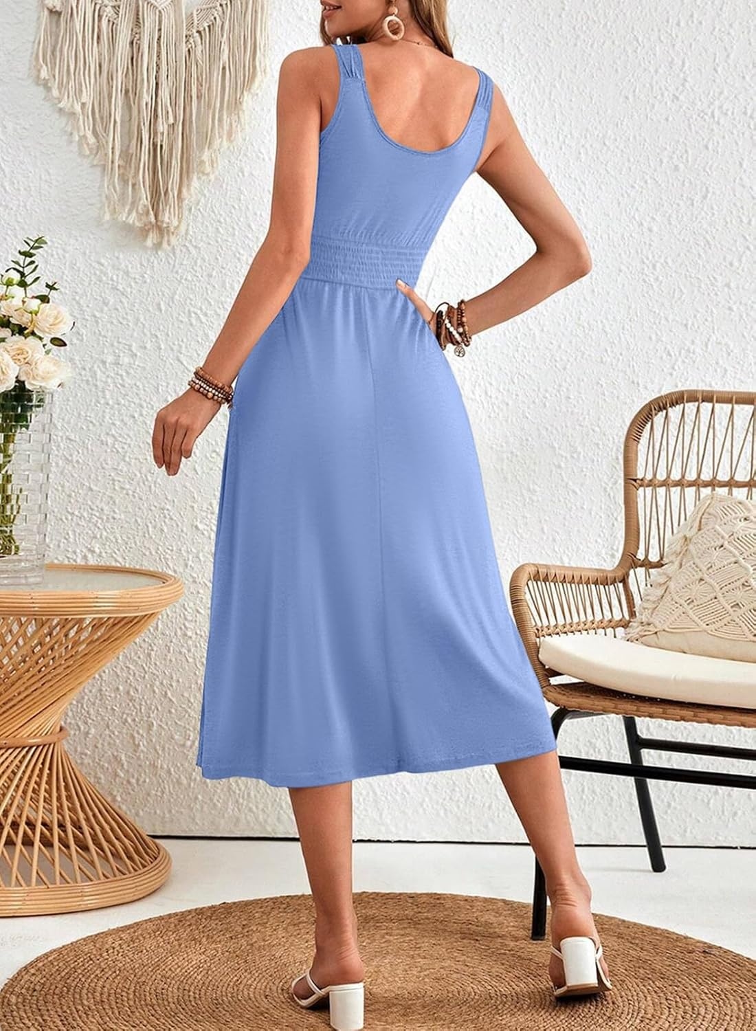 image:imageDokotoo Womens Summer Dresses 2025 Sleeveless Button Down Smocked Empire Waist Casual ALine Swing Midi Dress SundressSky Blue