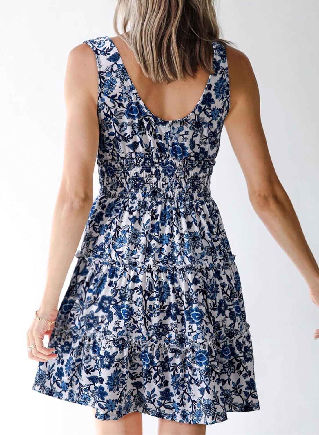 image:imageDokotoo Womens Summer Dresses 2026 Sleeveless Button Down Smocked Empire Waist Ruffle Tiered Casual Swing Mini DressFloral Blue