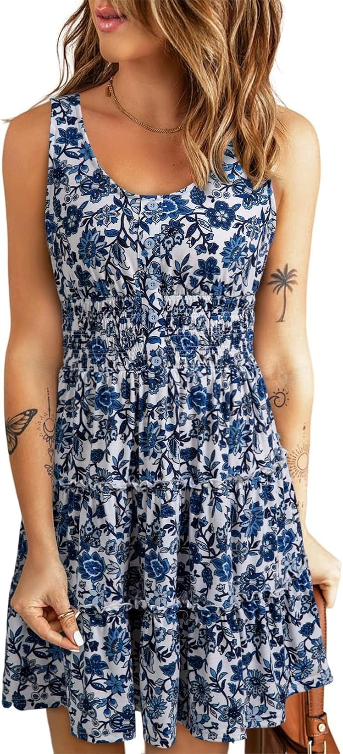 image:imageDokotoo Womens Summer Dresses 2026 Sleeveless Button Down Smocked Empire Waist Ruffle Tiered Casual Swing Mini DressFloral Blue