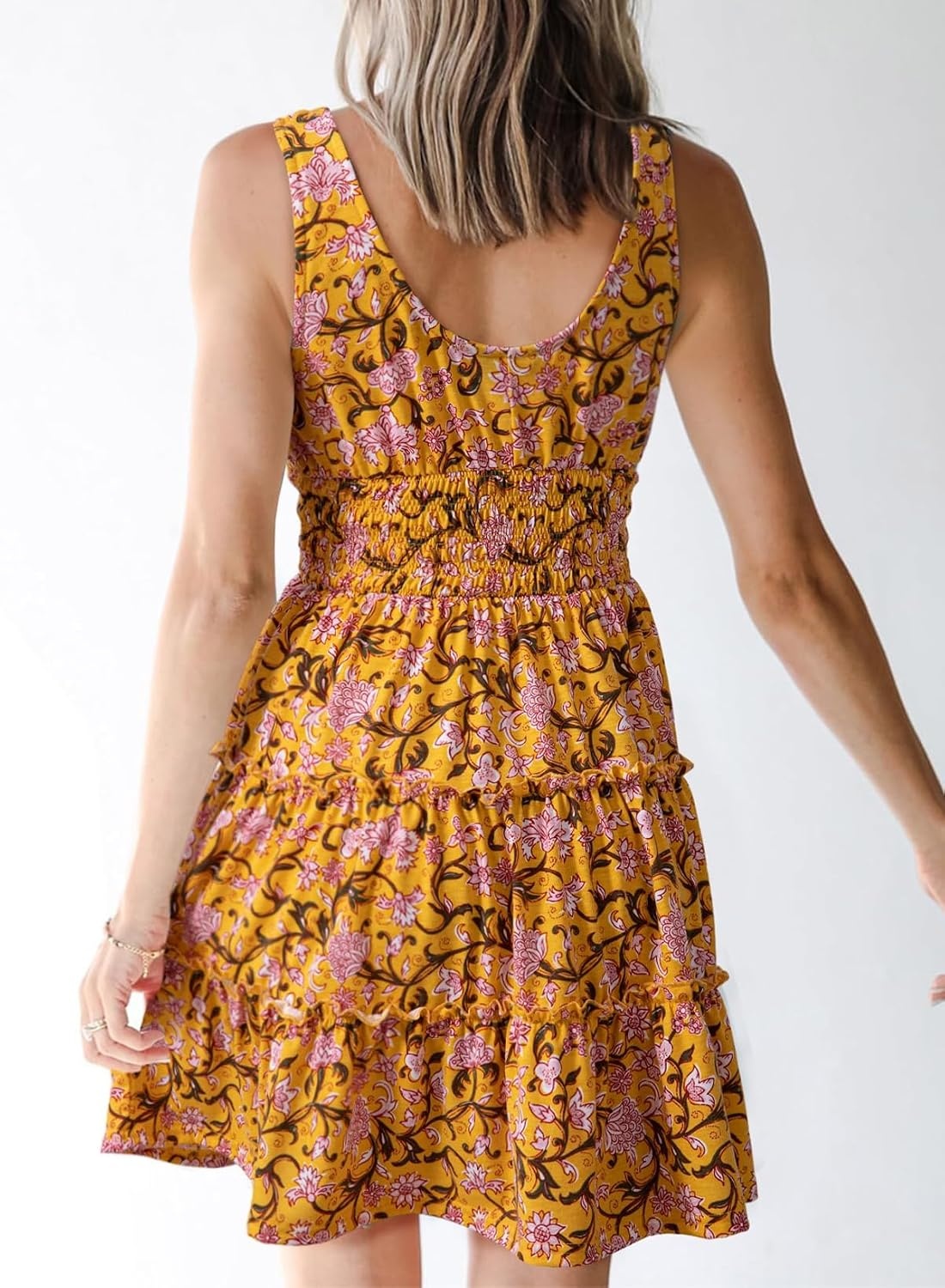 image:imageDokotoo Womens Summer Dresses 2026 Sleeveless Button Down Smocked Empire Waist Ruffle Tiered Casual Swing Mini DressFloral Yellow
