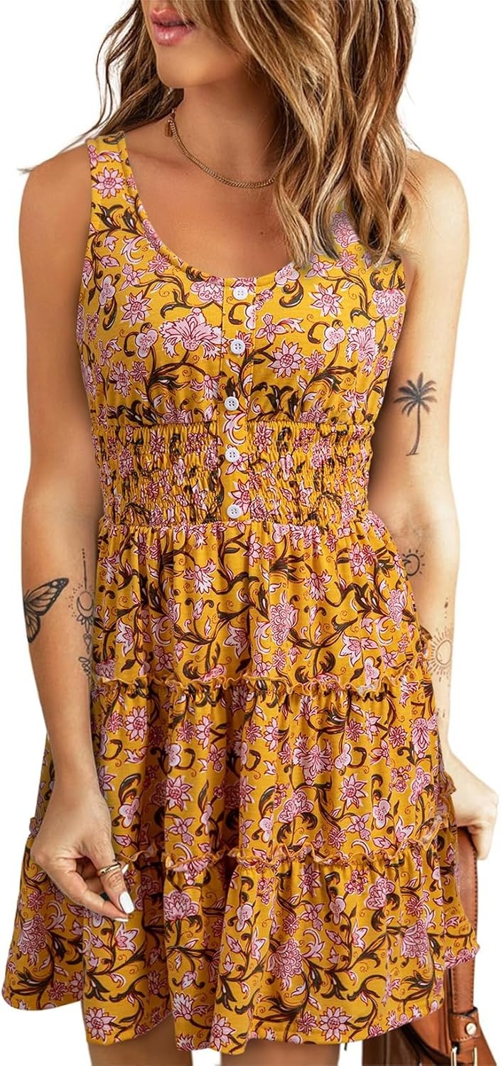image:imageDokotoo Womens Summer Dresses 2026 Sleeveless Button Down Smocked Empire Waist Ruffle Tiered Casual Swing Mini DressFloral Yellow