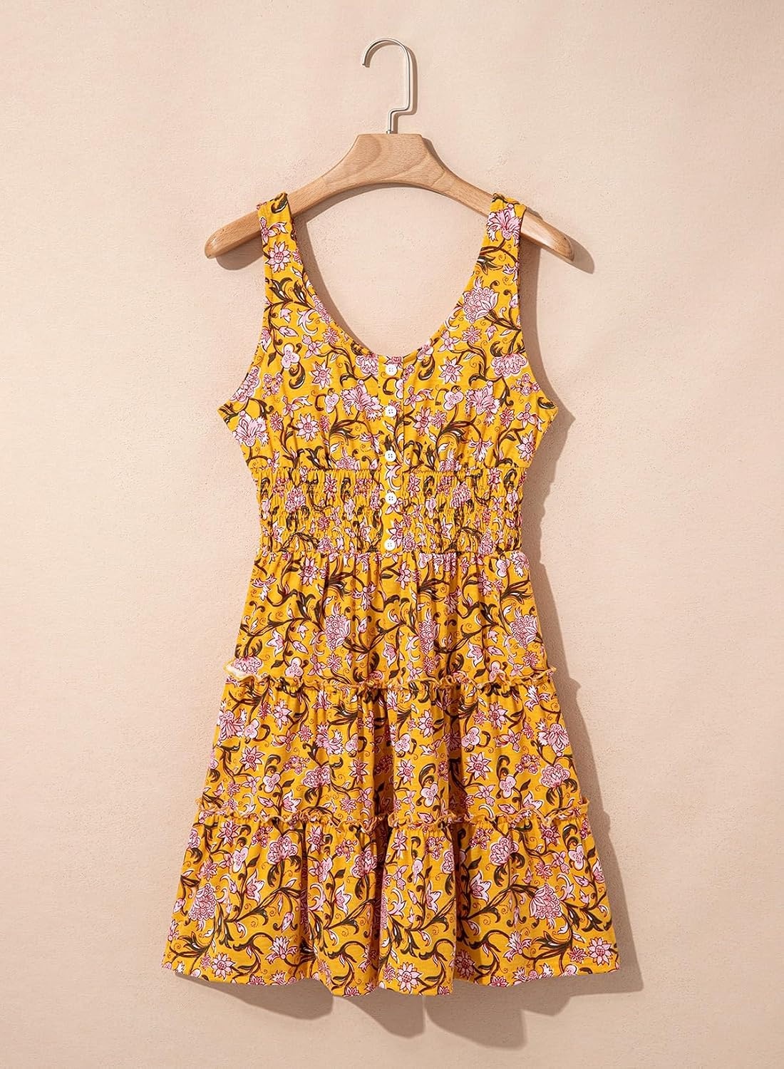 image:imageDokotoo Womens Summer Dresses 2026 Sleeveless Button Down Smocked Empire Waist Ruffle Tiered Casual Swing Mini DressFloral Yellow