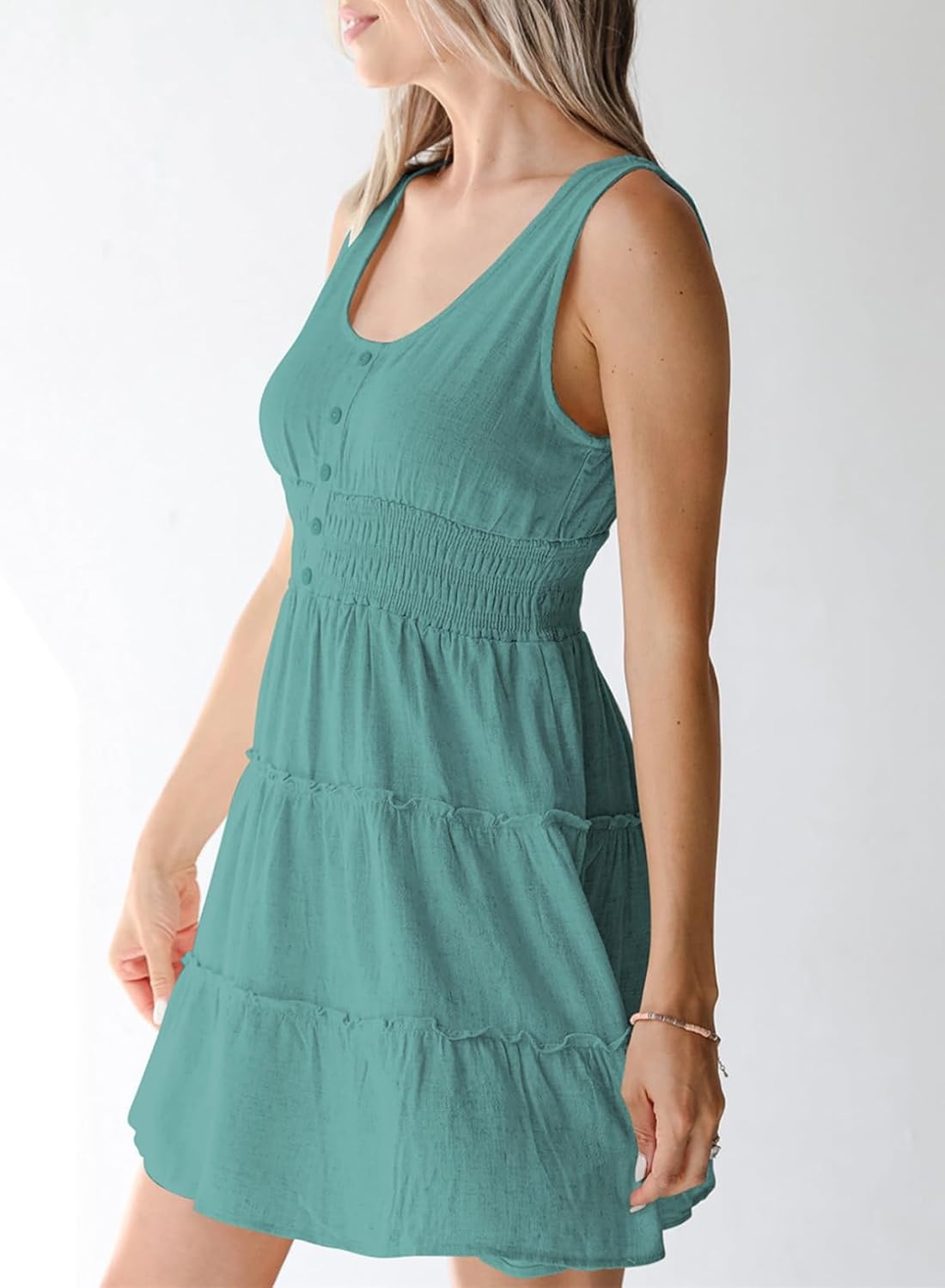 image:imageDokotoo Womens Summer Dresses 2026 Sleeveless Button Down Smocked Empire Waist Ruffle Tiered Casual Swing Mini DressGreen