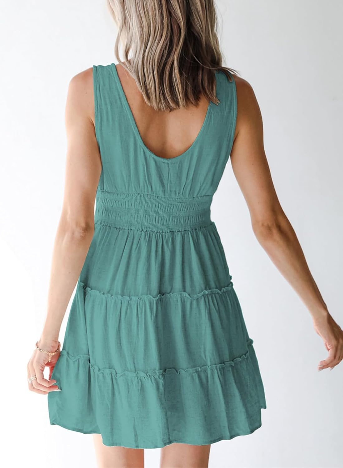 image:imageDokotoo Womens Summer Dresses 2026 Sleeveless Button Down Smocked Empire Waist Ruffle Tiered Casual Swing Mini DressGreen