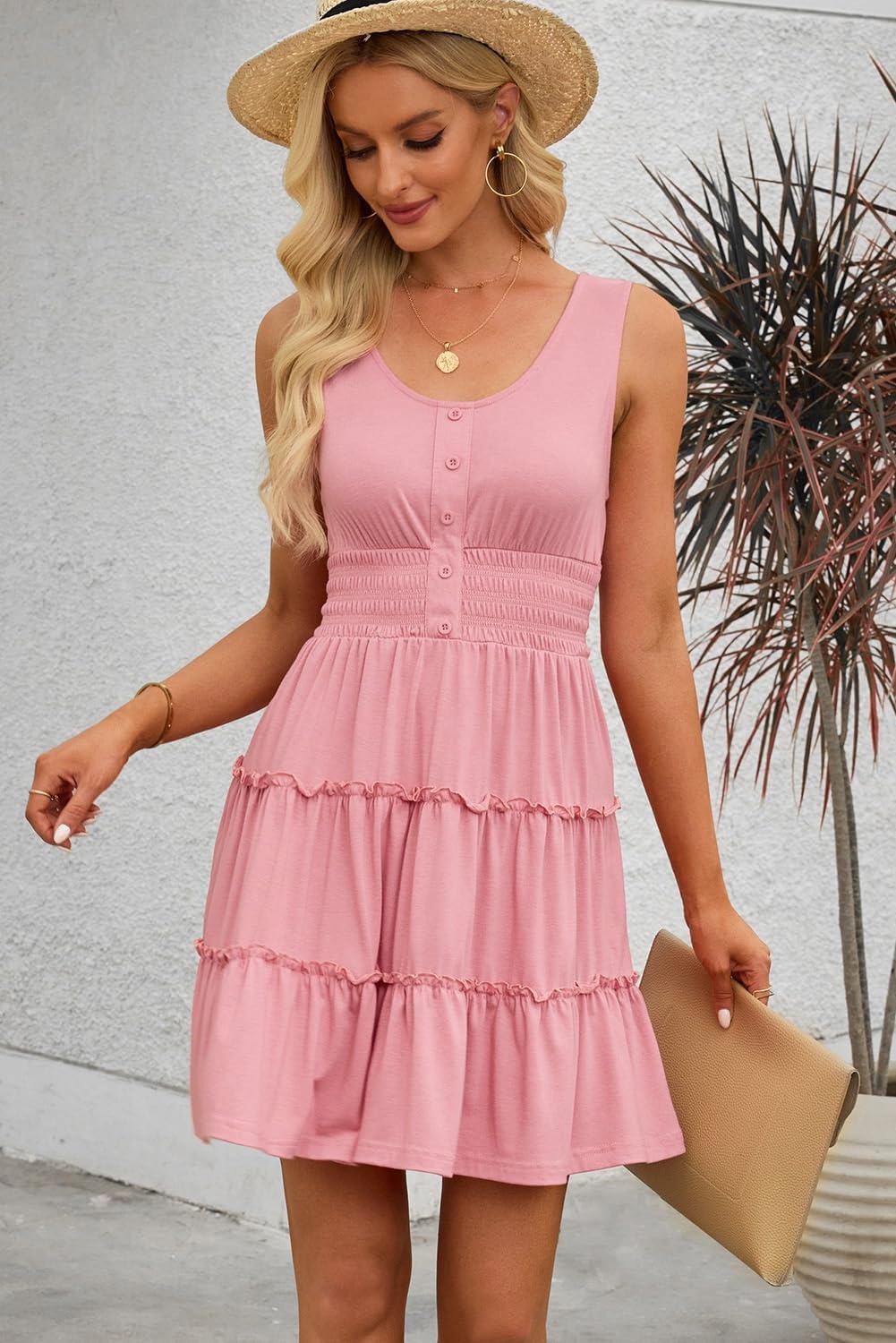 image:imageDokotoo Womens Summer Dresses 2026 Sleeveless Button Down Smocked Empire Waist Ruffle Tiered Casual Swing Mini DressPink
