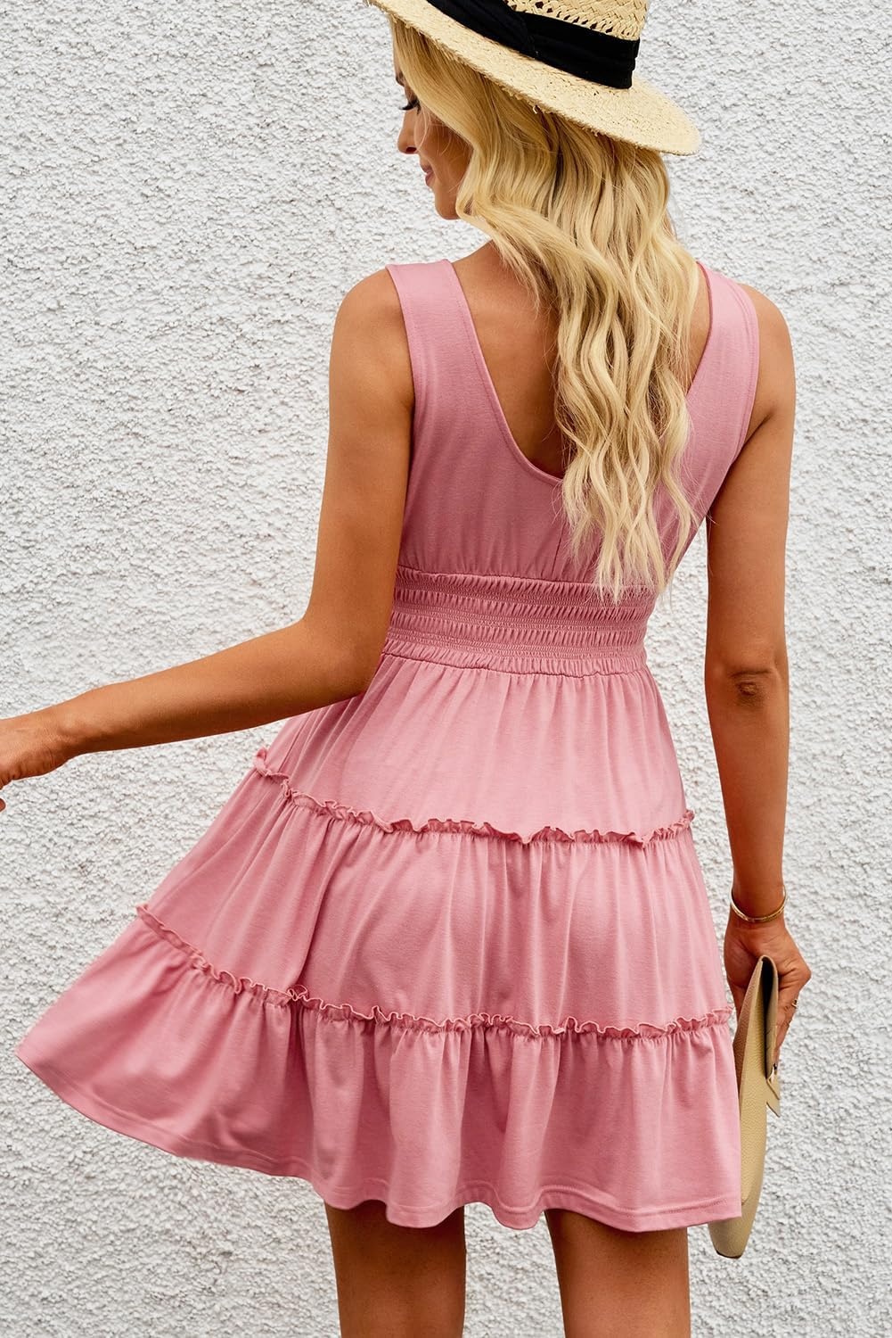 image:imageDokotoo Womens Summer Dresses 2026 Sleeveless Button Down Smocked Empire Waist Ruffle Tiered Casual Swing Mini DressPink