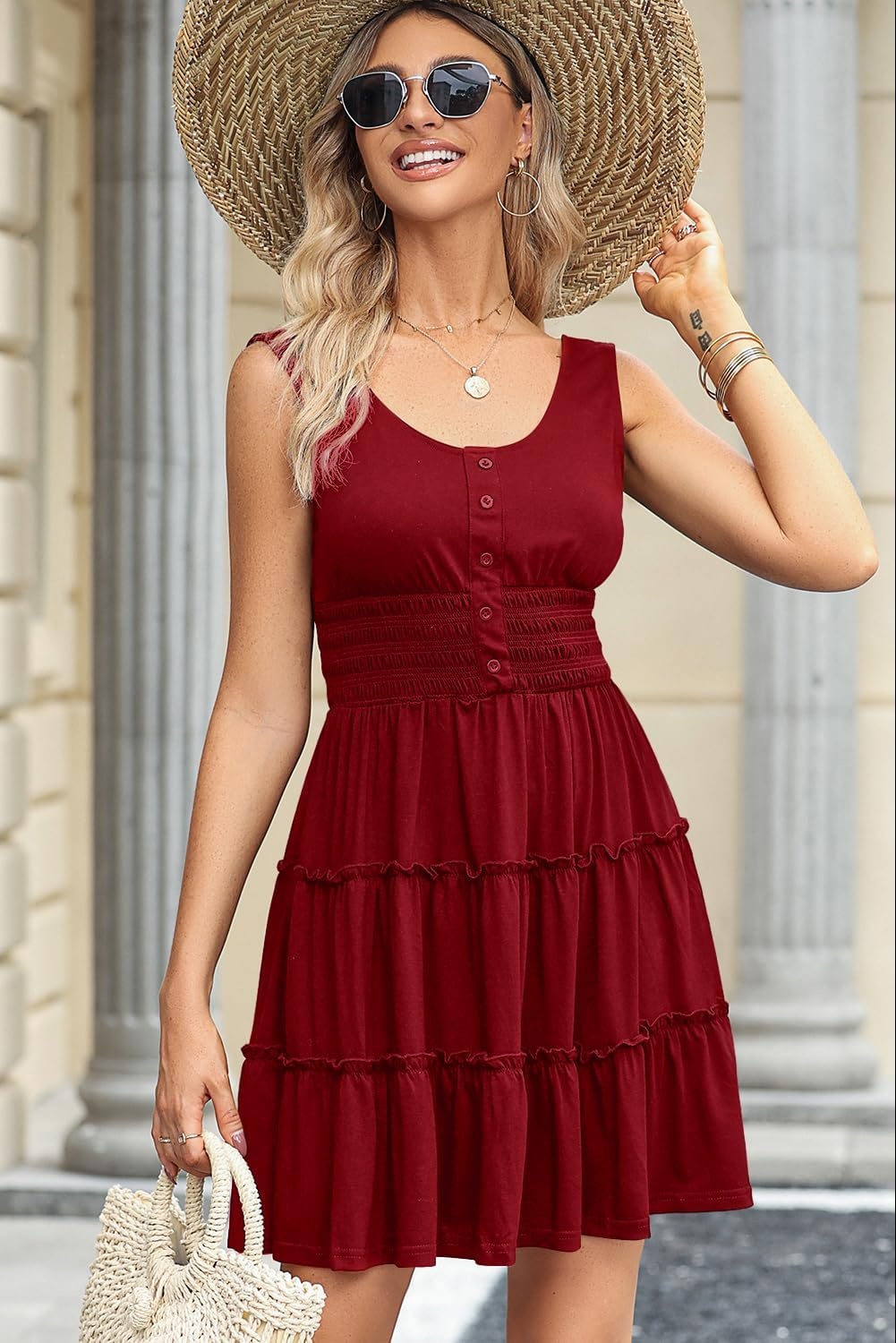 image:imageDokotoo Womens Summer Dresses 2026 Sleeveless Button Down Smocked Empire Waist Ruffle Tiered Casual Swing Mini DressRed 403