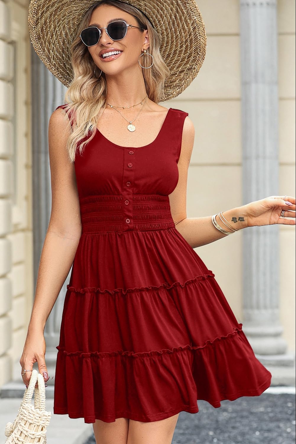 image:imageDokotoo Womens Summer Dresses 2026 Sleeveless Button Down Smocked Empire Waist Ruffle Tiered Casual Swing Mini DressRed 403