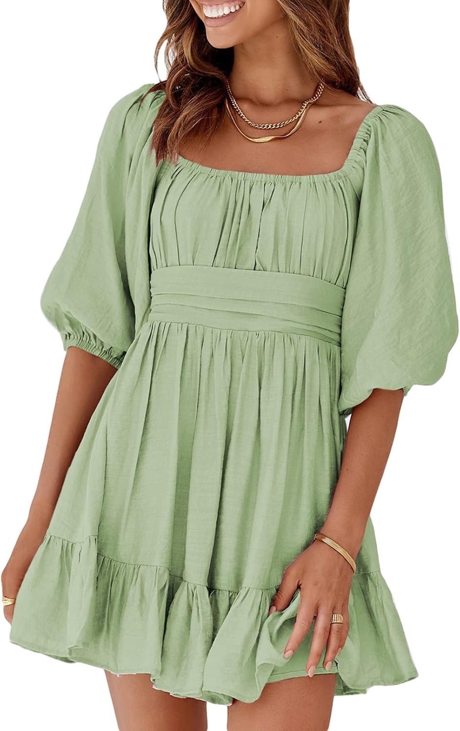image:imageDokotoo Womens Summer Dresses Square Neck Tie Back Lantern Sleeve Ruffle ALine Casual Dress7 Light Green