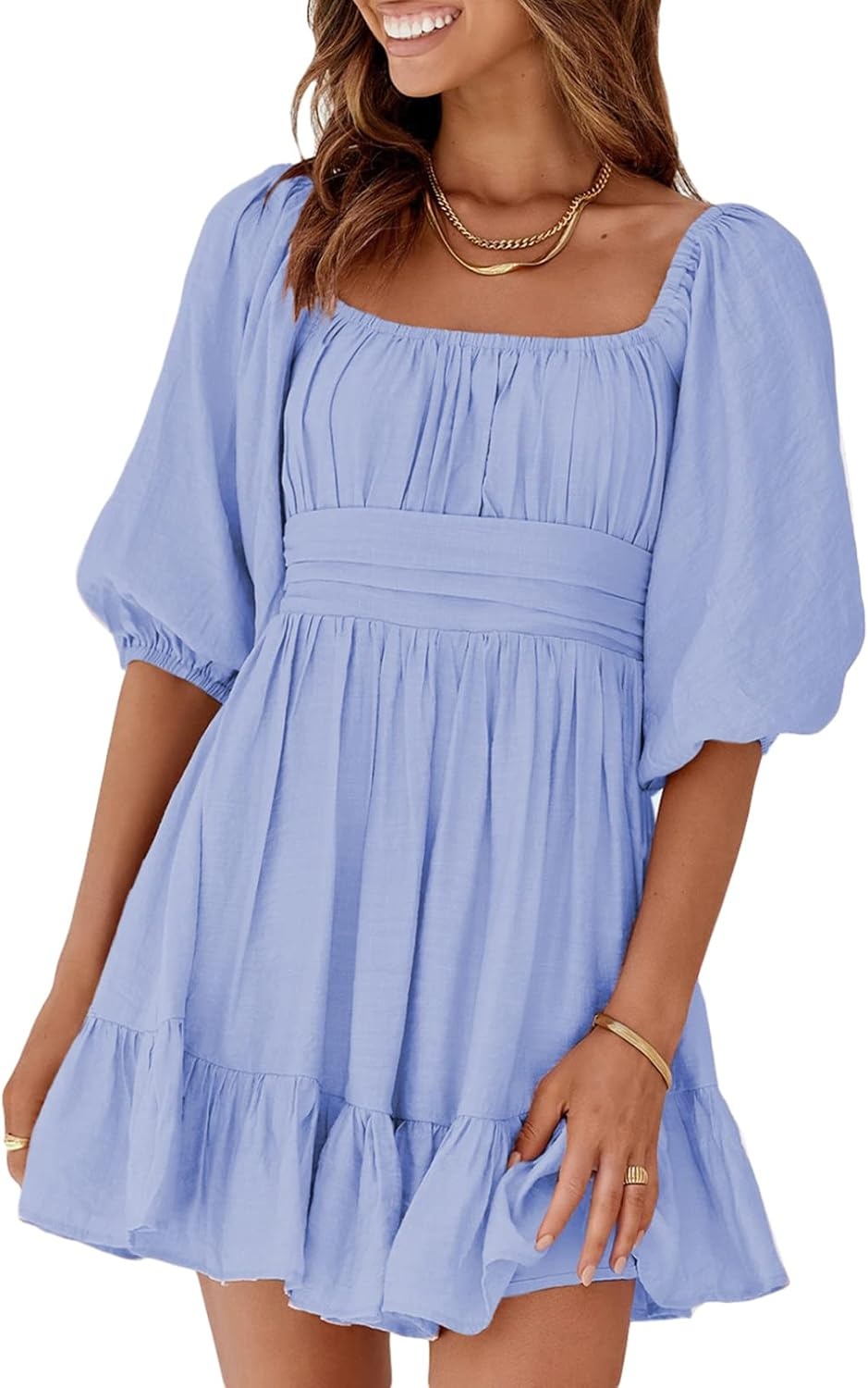 image:imageDokotoo Womens Summer Dresses Square Neck Tie Back Lantern Sleeve Ruffle ALine Casual Dress7 Light Purple