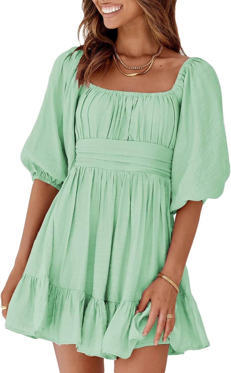 image:imageDokotoo Womens Summer Dresses Square Neck Tie Back Lantern Sleeve Ruffle ALine Casual Dress7 Mint Green