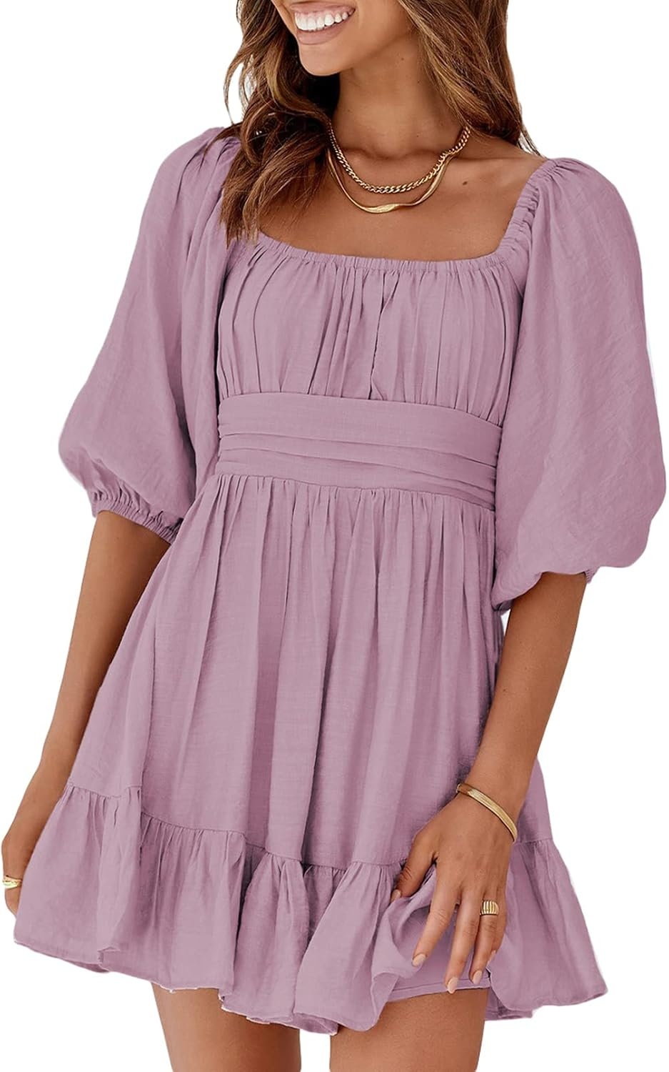 image:imageDokotoo Womens Summer Dresses Square Neck Tie Back Lantern Sleeve Ruffle ALine Casual Dress7 Purple