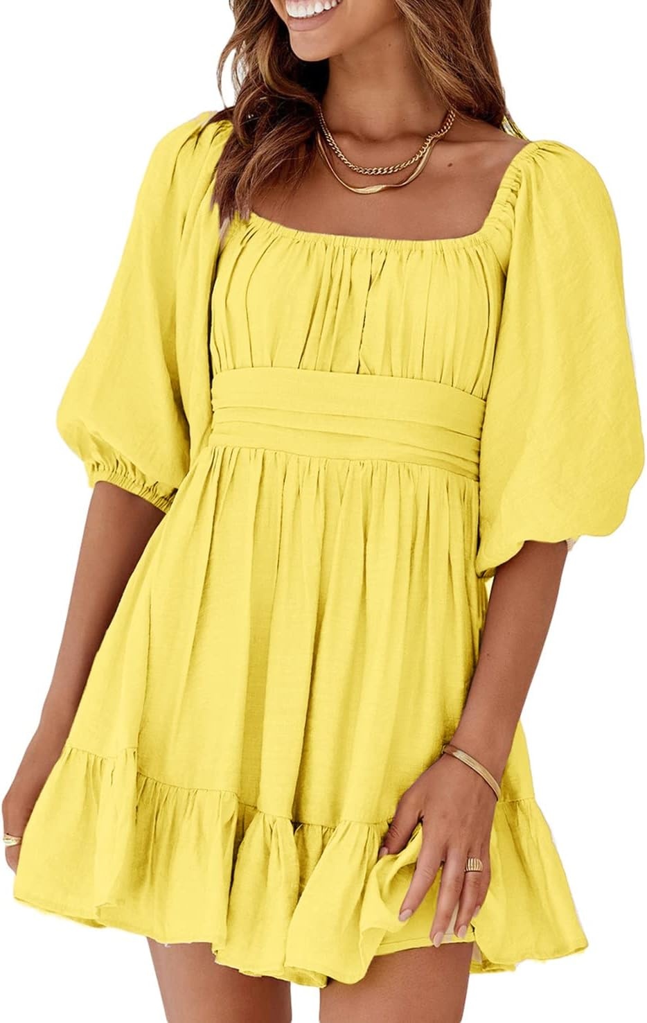 image:imageDokotoo Womens Summer Dresses Square Neck Tie Back Lantern Sleeve Ruffle ALine Casual Dress8a Yellow