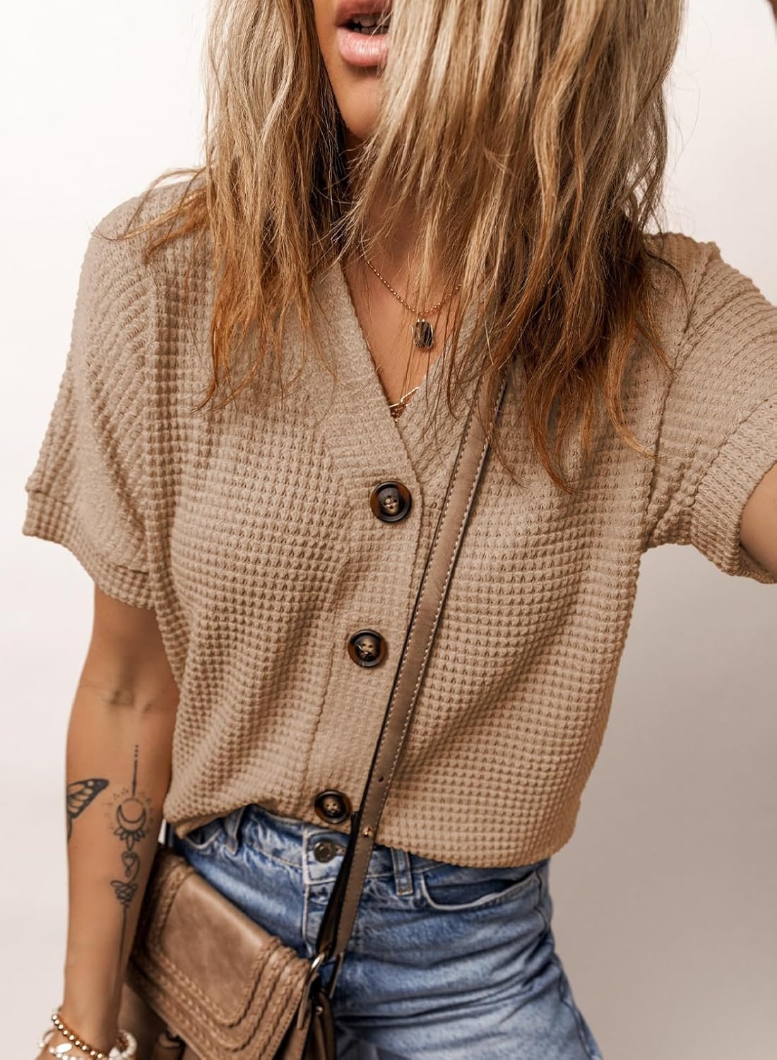 image:imageDokotoo Womens Summer Tops 2026 Waffle Knit Button Down ShirtsBeige