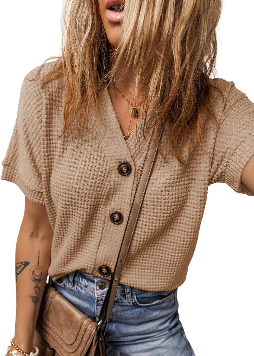 image:imageDokotoo Womens Summer Tops 2026 Waffle Knit Button Down ShirtsBeige