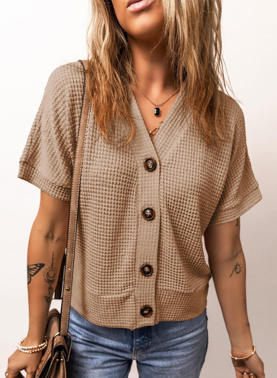 image:imageDokotoo Womens Summer Tops 2026 Waffle Knit Button Down ShirtsBeige