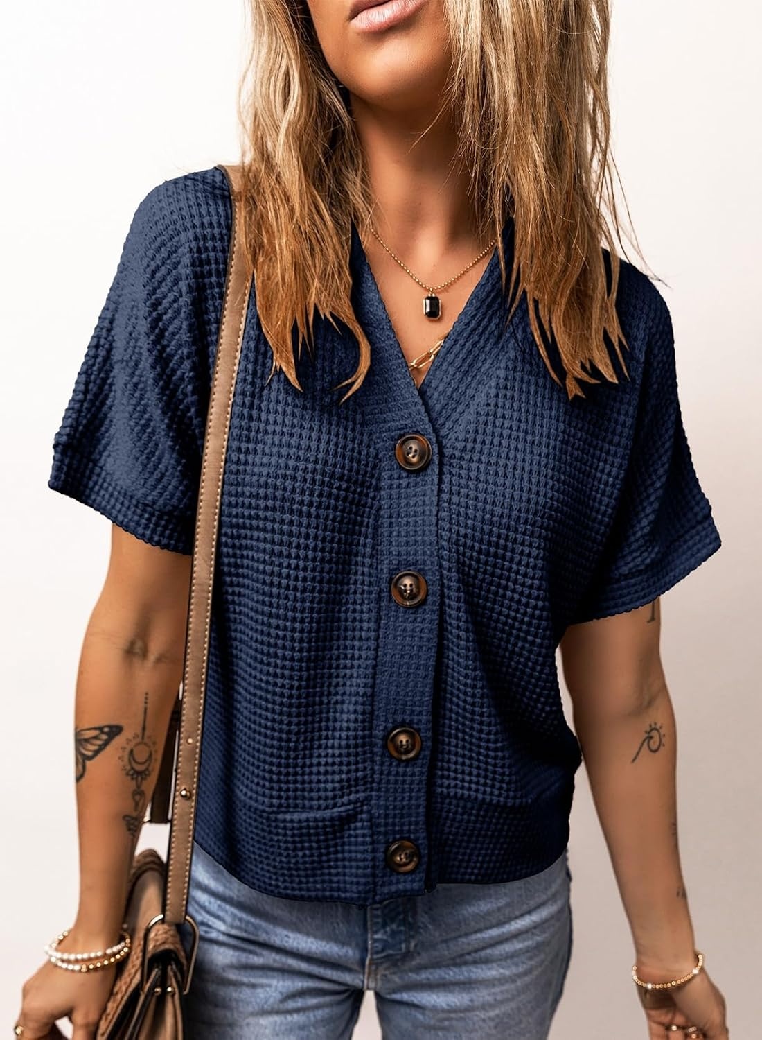image:imageDokotoo Womens Summer Tops 2026 Waffle Knit Button Down ShirtsBlue