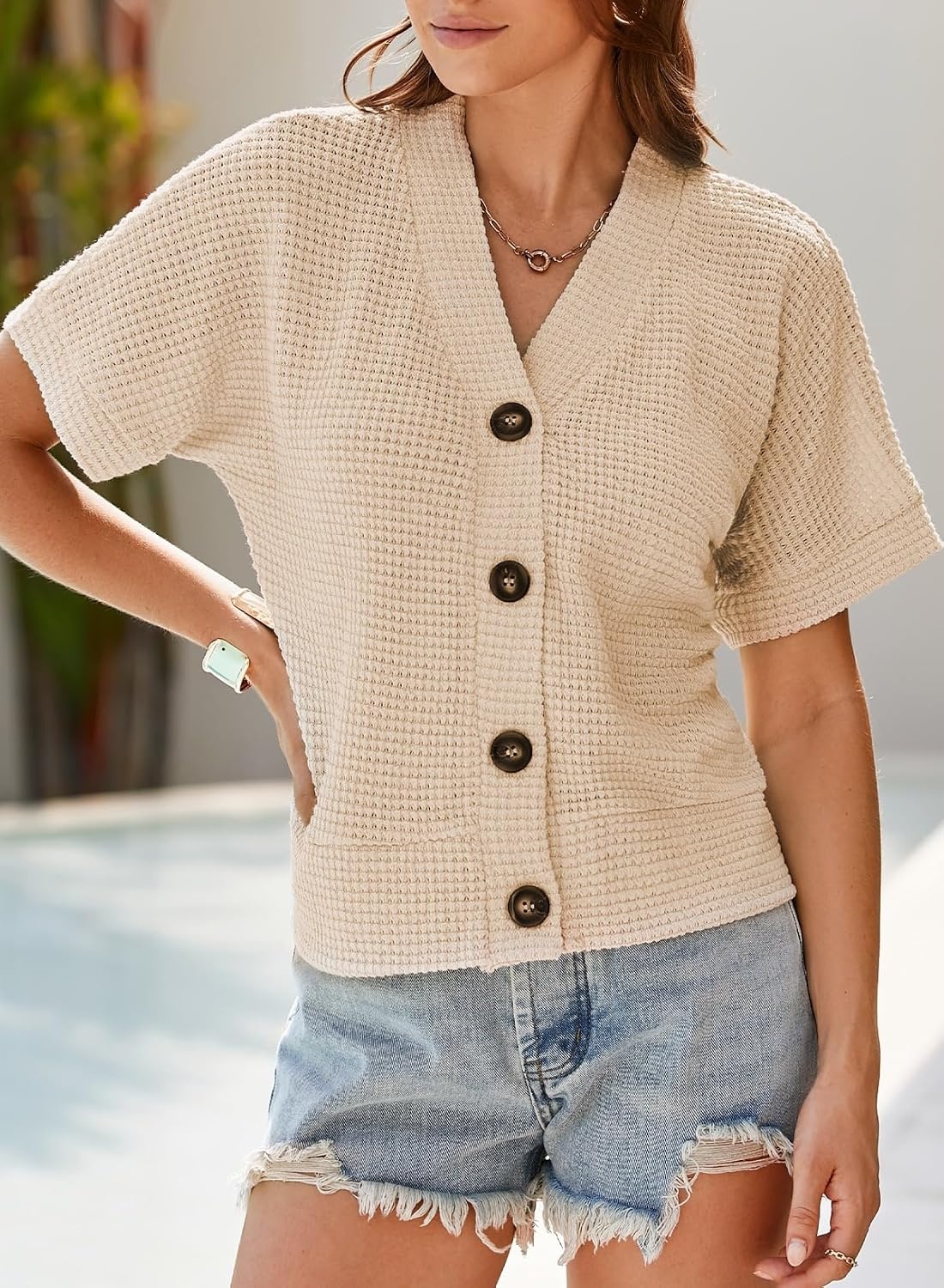 image:imageDokotoo Womens Summer Tops 2026 Waffle Knit Button Down ShirtsBrown