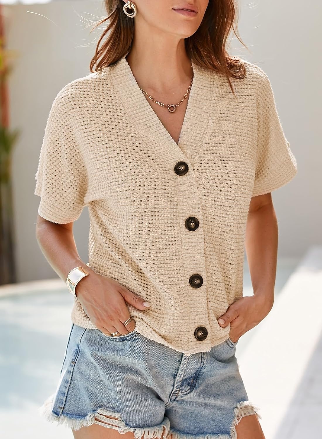 image:imageDokotoo Womens Summer Tops 2026 Waffle Knit Button Down ShirtsBrown