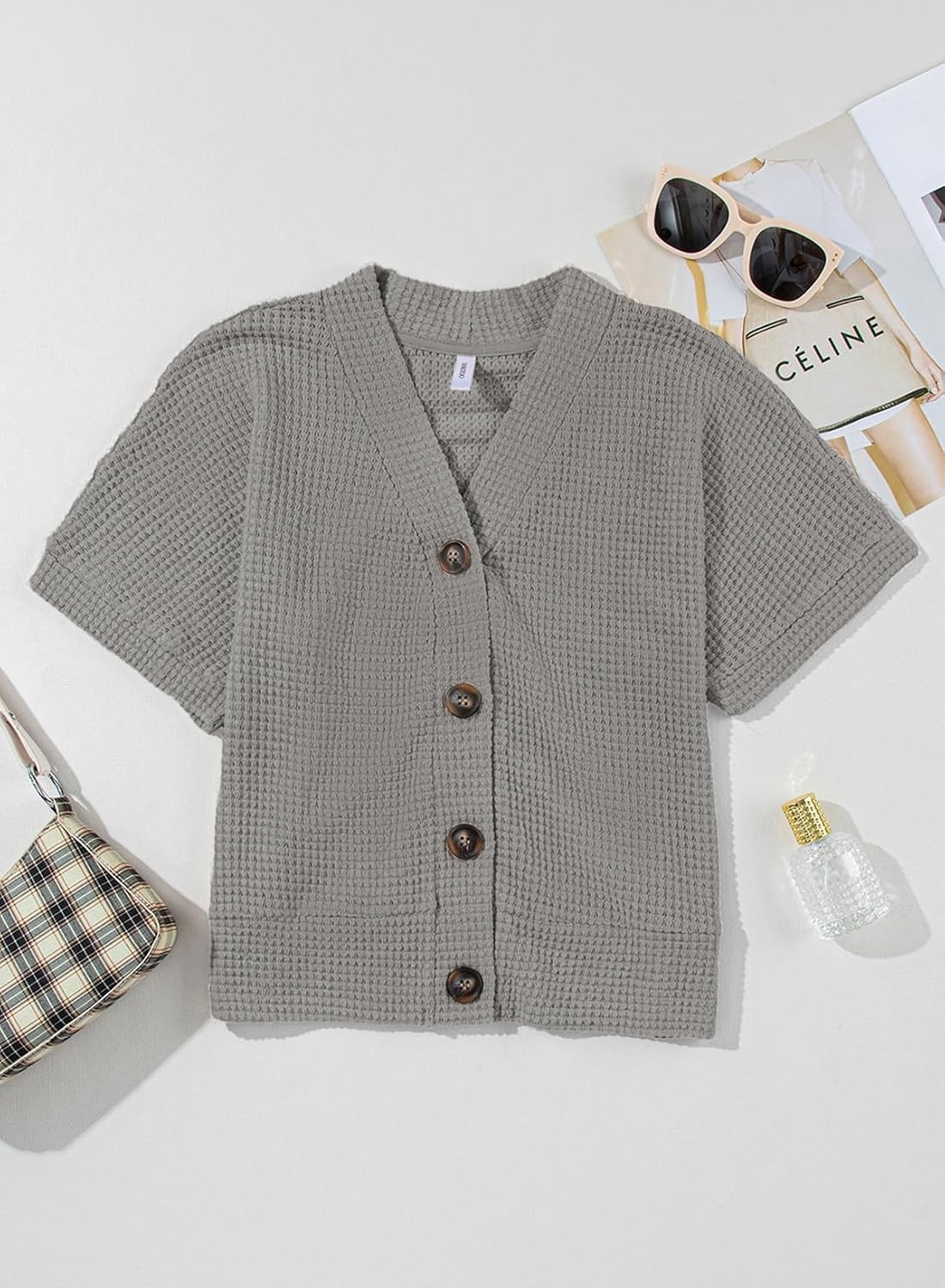 image:imageDokotoo Womens Summer Tops 2026 Waffle Knit Button Down ShirtsGrey