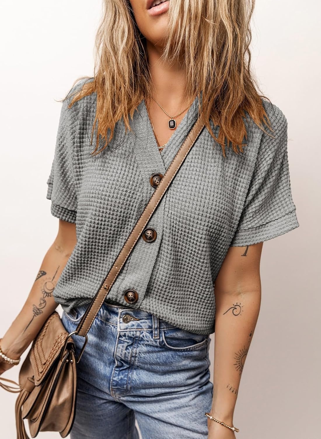 image:imageDokotoo Womens Summer Tops 2026 Waffle Knit Button Down ShirtsGrey