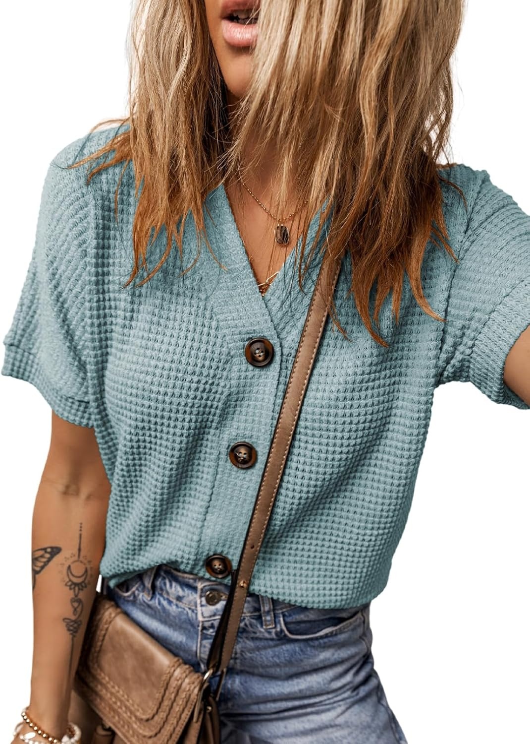 image:imageDokotoo Womens Summer Tops 2026 Waffle Knit Button Down ShirtsIceland Blue