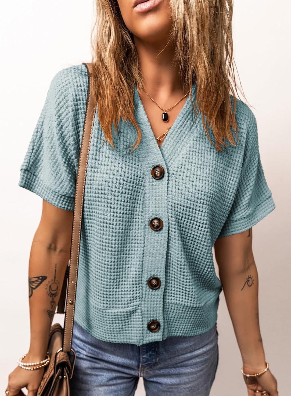 image:imageDokotoo Womens Summer Tops 2026 Waffle Knit Button Down ShirtsIceland Blue