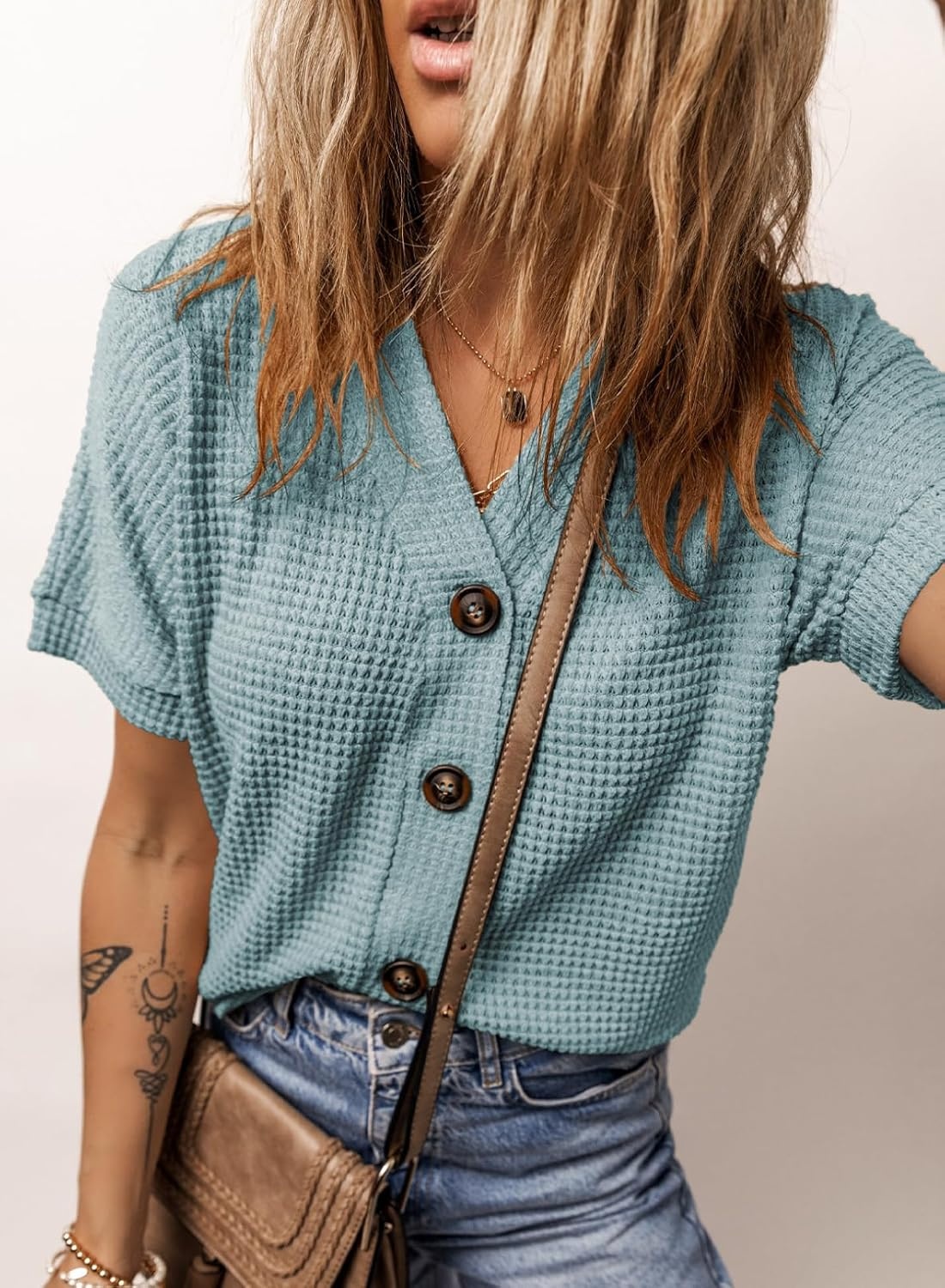 image:imageDokotoo Womens Summer Tops 2026 Waffle Knit Button Down ShirtsIceland Blue