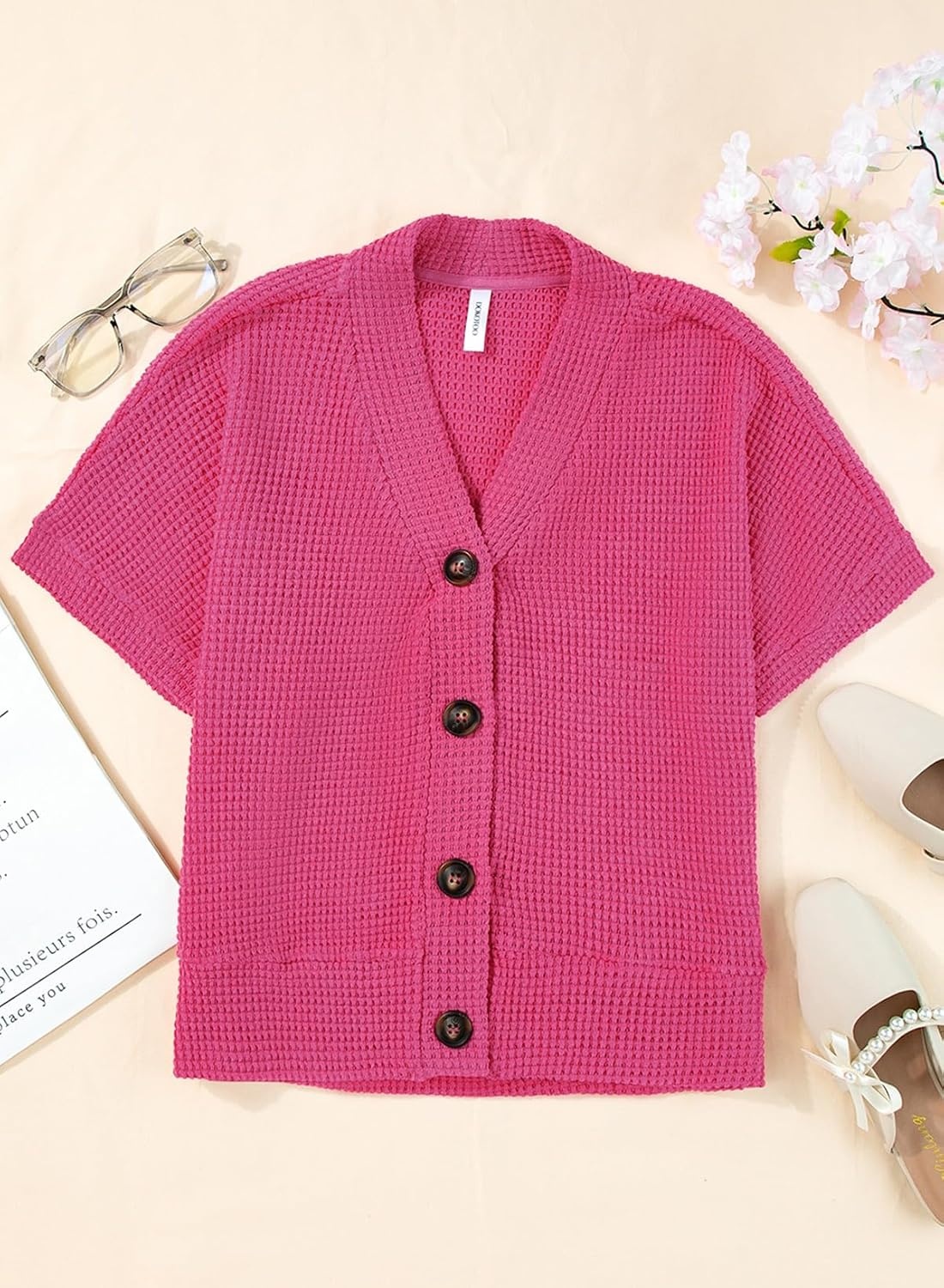 image:imageDokotoo Womens Summer Tops 2026 Waffle Knit Button Down ShirtsRed