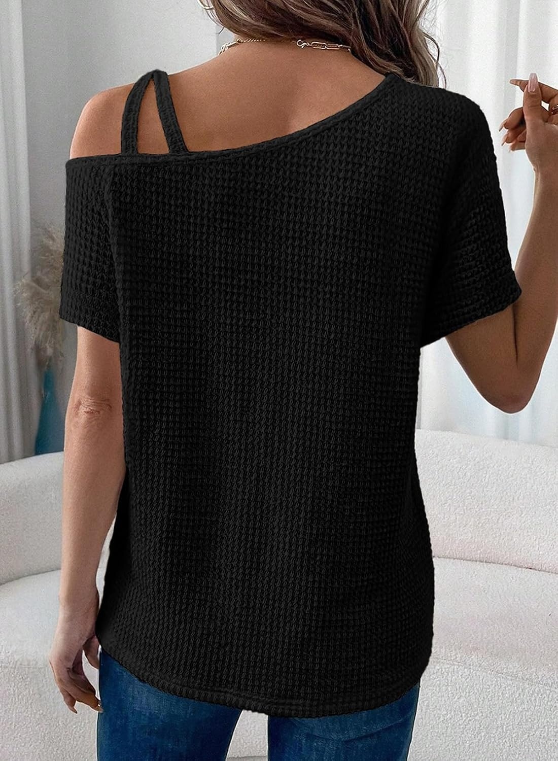 image:imageDokotoo Womens Summer Tops Off One Shoulder Waffle Knit Short Sleeve TShirts Casual Lightweight Solid Color BlousesBlack