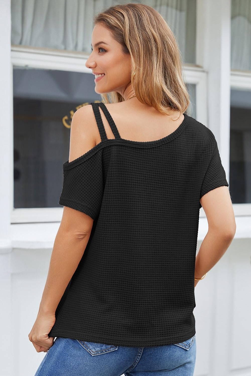 image:imageDokotoo Womens Summer Tops Off One Shoulder Waffle Knit Short Sleeve TShirts Casual Lightweight Solid Color BlousesBlack
