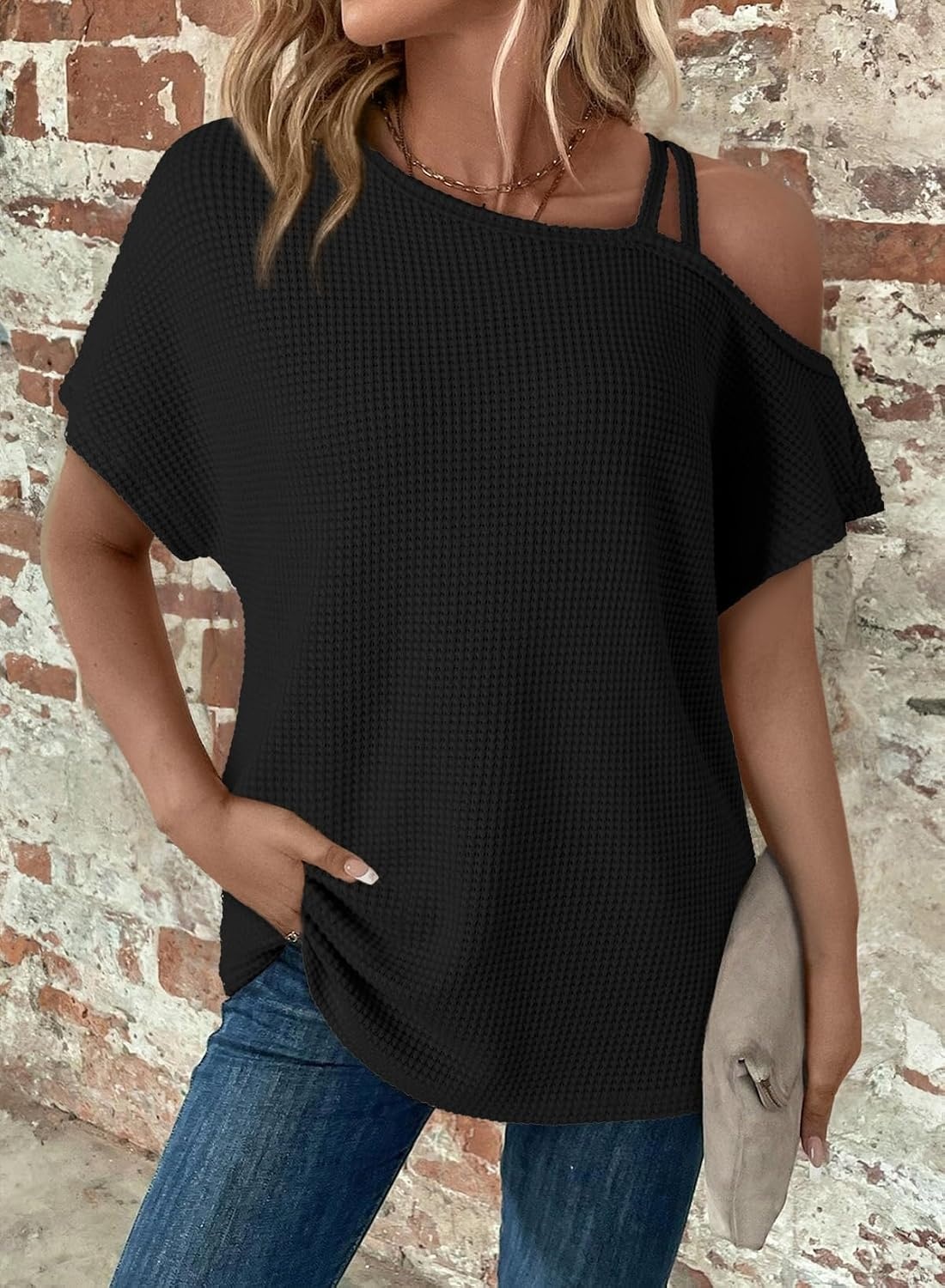 image:imageDokotoo Womens Summer Tops Off One Shoulder Waffle Knit Short Sleeve TShirts Casual Lightweight Solid Color BlousesBlack