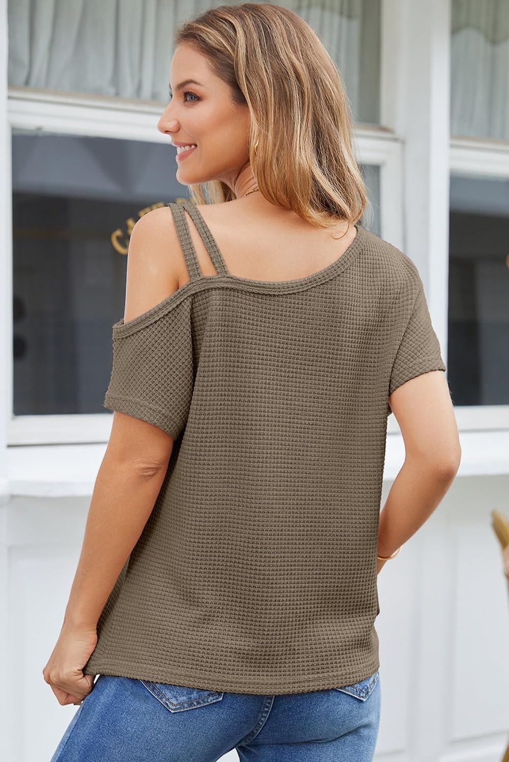 image:imageDokotoo Womens Summer Tops Off One Shoulder Waffle Knit Short Sleeve TShirts Casual Lightweight Solid Color BlousesBrown