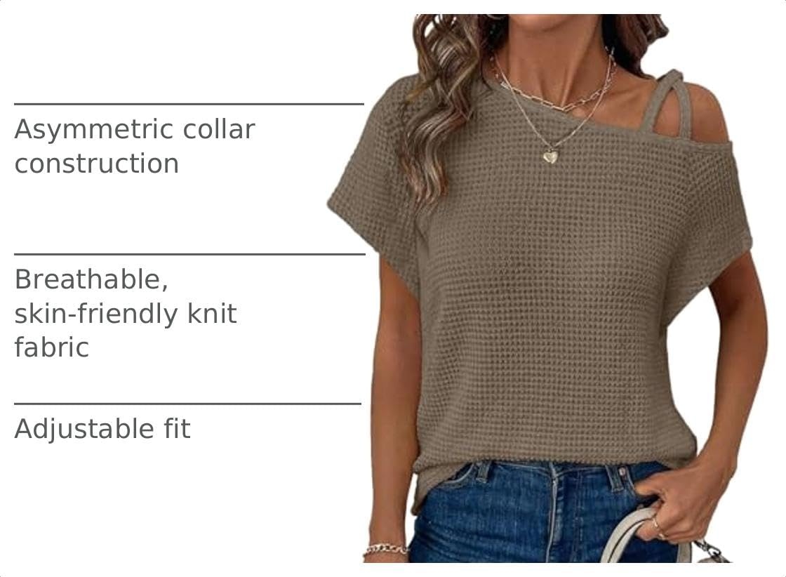image:imageDokotoo Womens Summer Tops Off One Shoulder Waffle Knit Short Sleeve TShirts Casual Lightweight Solid Color BlousesBrown