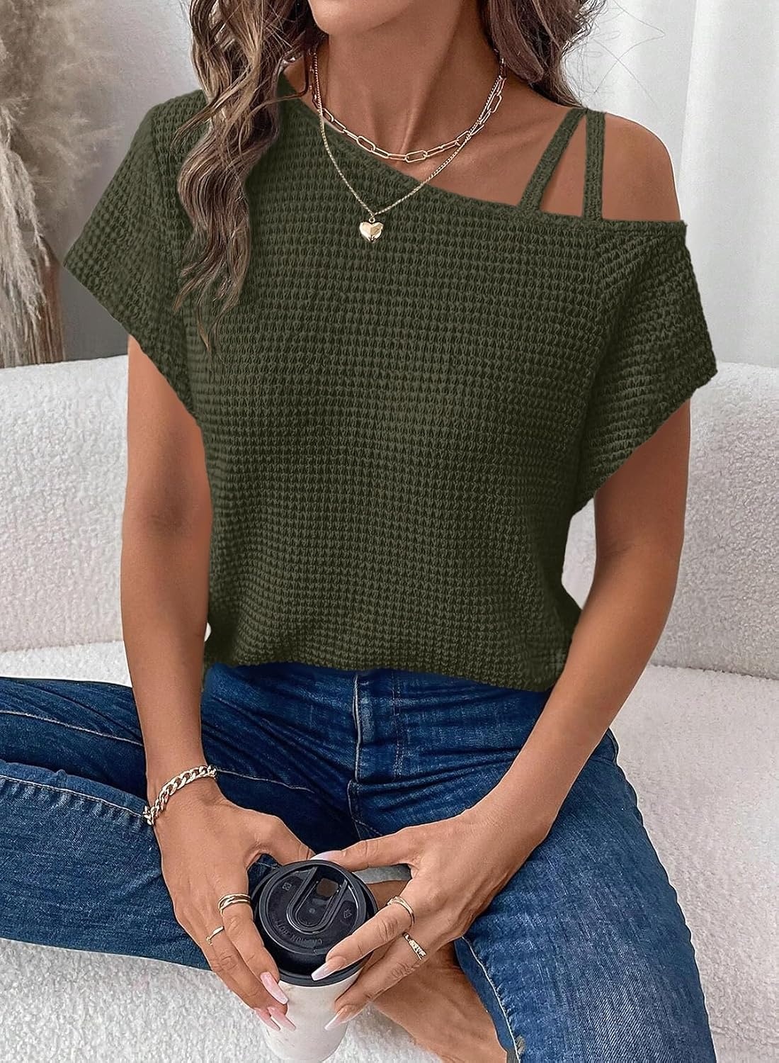image:imageDokotoo Womens Summer Tops Off One Shoulder Waffle Knit Short Sleeve TShirts Casual Lightweight Solid Color BlousesGreen