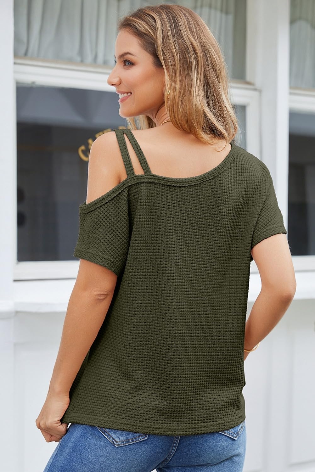 image:imageDokotoo Womens Summer Tops Off One Shoulder Waffle Knit Short Sleeve TShirts Casual Lightweight Solid Color BlousesGreen