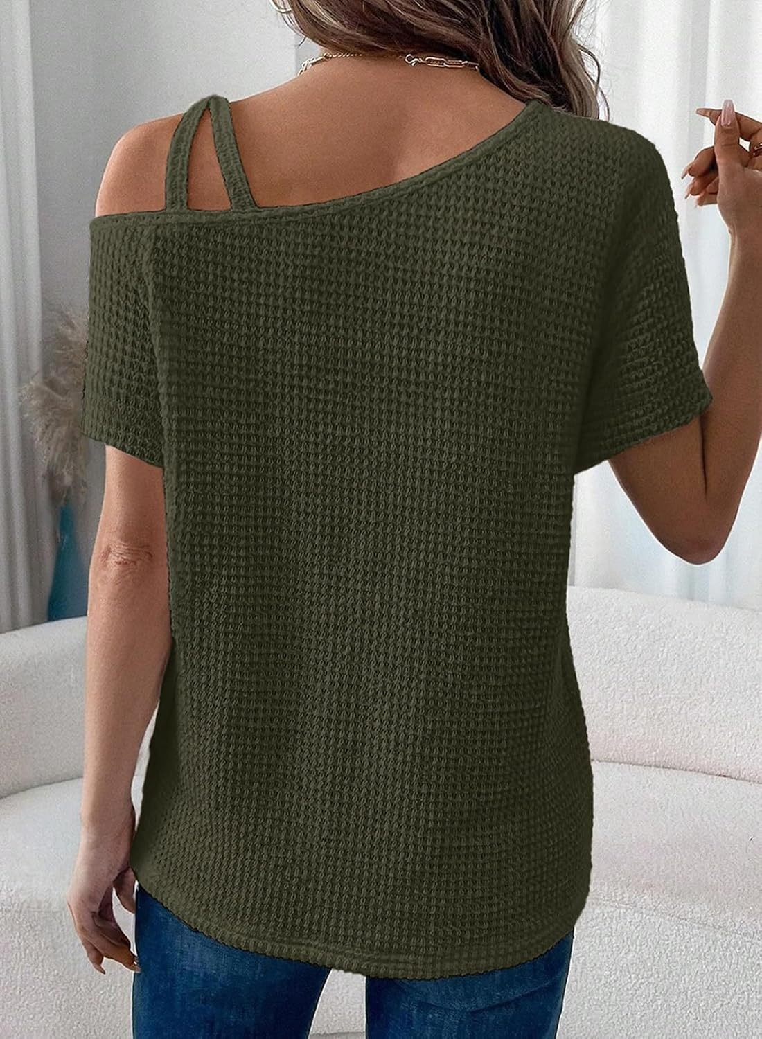 image:imageDokotoo Womens Summer Tops Off One Shoulder Waffle Knit Short Sleeve TShirts Casual Lightweight Solid Color BlousesGreen