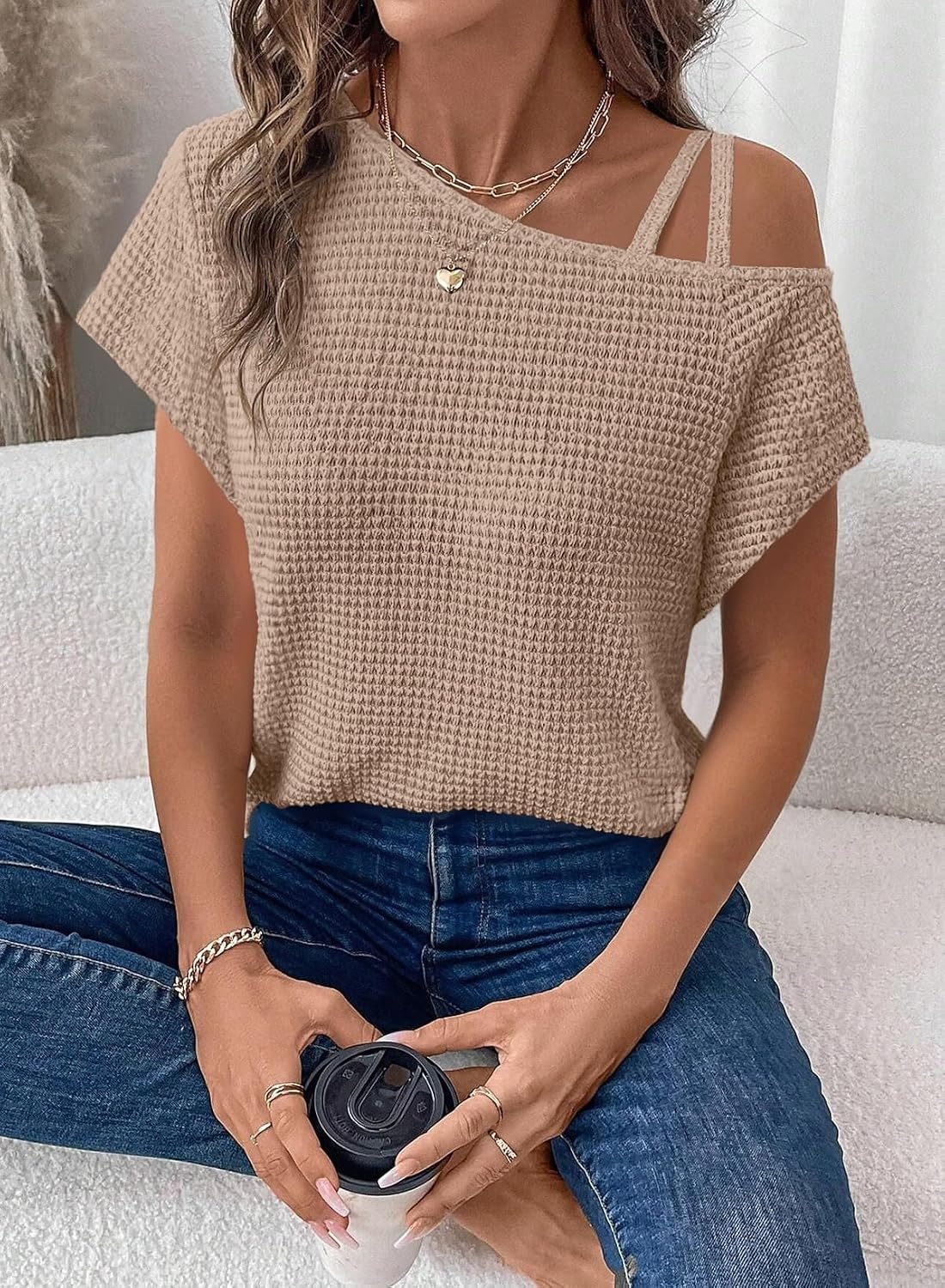 image:imageDokotoo Womens Summer Tops Off One Shoulder Waffle Knit Short Sleeve TShirts Casual Lightweight Solid Color BlousesKhaki