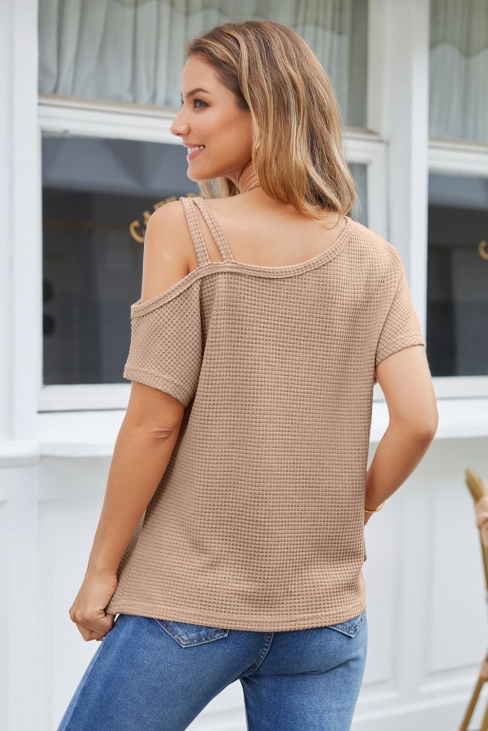 image:imageDokotoo Womens Summer Tops Off One Shoulder Waffle Knit Short Sleeve TShirts Casual Lightweight Solid Color BlousesKhaki