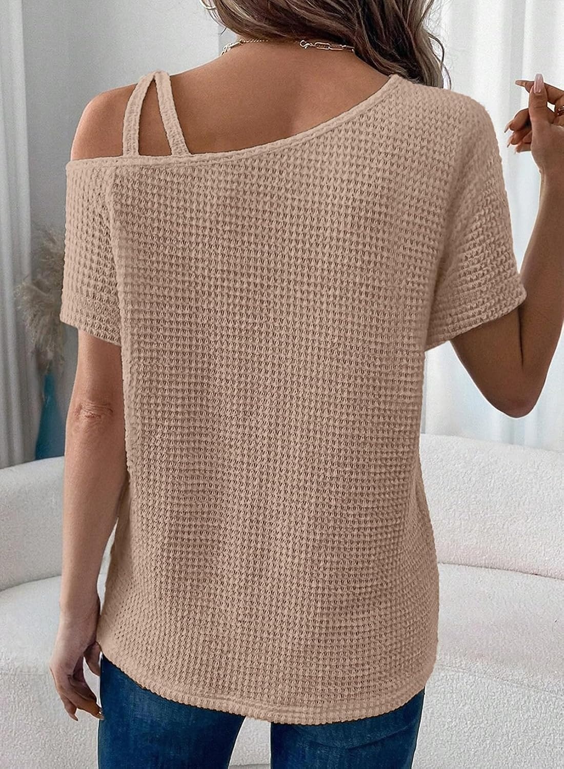 image:imageDokotoo Womens Summer Tops Off One Shoulder Waffle Knit Short Sleeve TShirts Casual Lightweight Solid Color BlousesKhaki