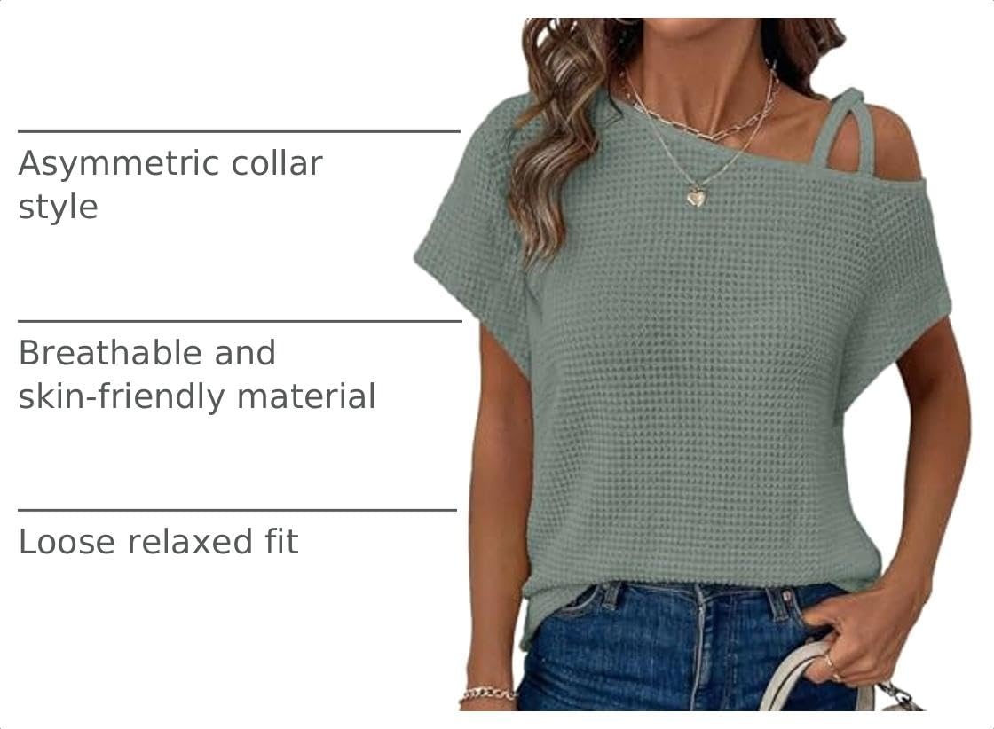 image:imageDokotoo Womens Summer Tops Off One Shoulder Waffle Knit Short Sleeve TShirts Casual Lightweight Solid Color BlousesLight Green