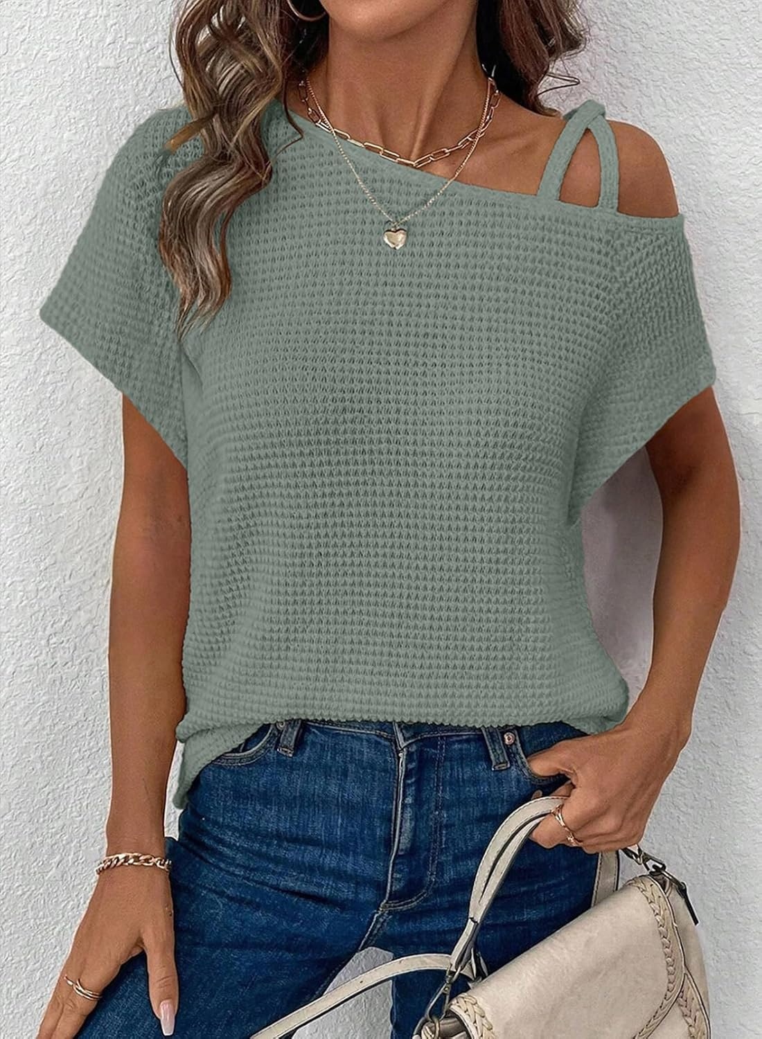 image:imageDokotoo Womens Summer Tops Off One Shoulder Waffle Knit Short Sleeve TShirts Casual Lightweight Solid Color BlousesLight Green