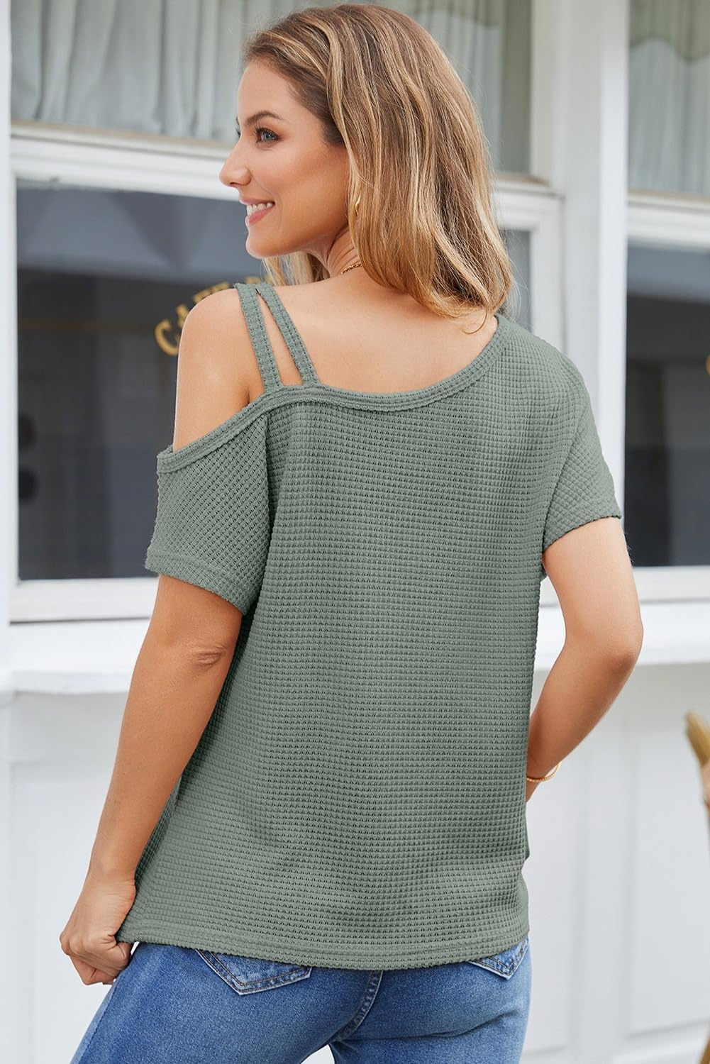 image:imageDokotoo Womens Summer Tops Off One Shoulder Waffle Knit Short Sleeve TShirts Casual Lightweight Solid Color BlousesLight Green