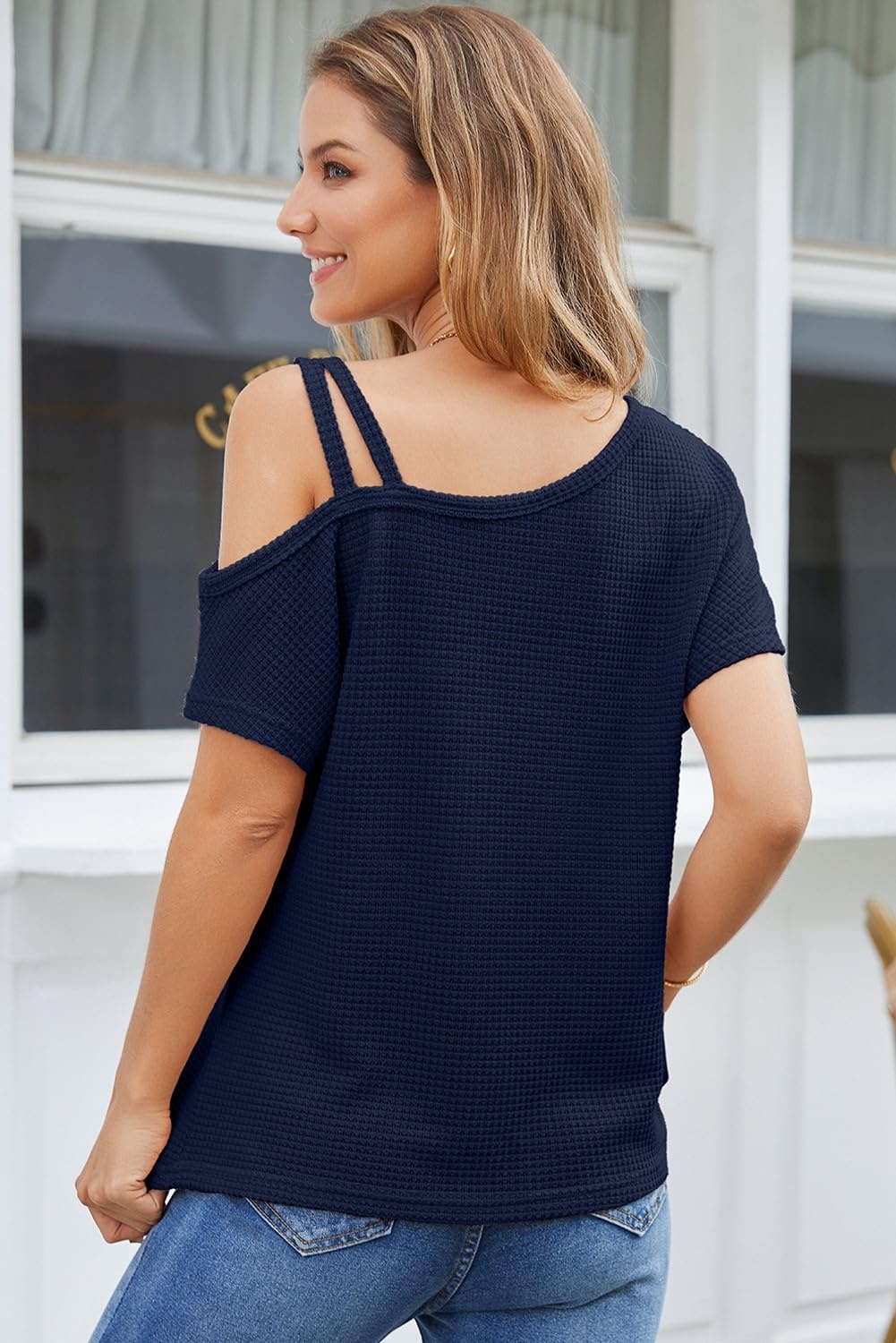 image:imageDokotoo Womens Summer Tops Off One Shoulder Waffle Knit Short Sleeve TShirts Casual Lightweight Solid Color BlousesNavy Blue