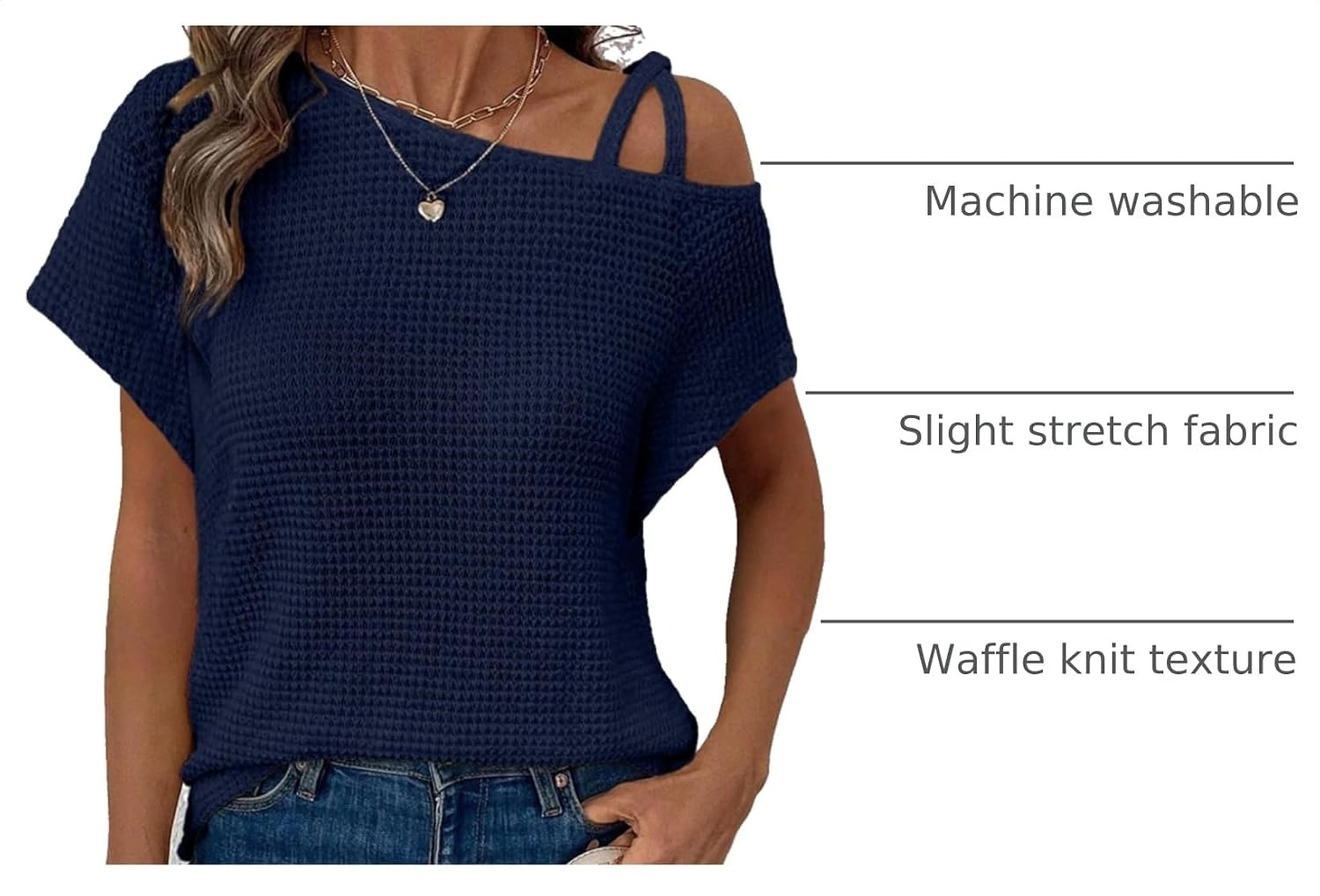 image:imageDokotoo Womens Summer Tops Off One Shoulder Waffle Knit Short Sleeve TShirts Casual Lightweight Solid Color BlousesNavy Blue