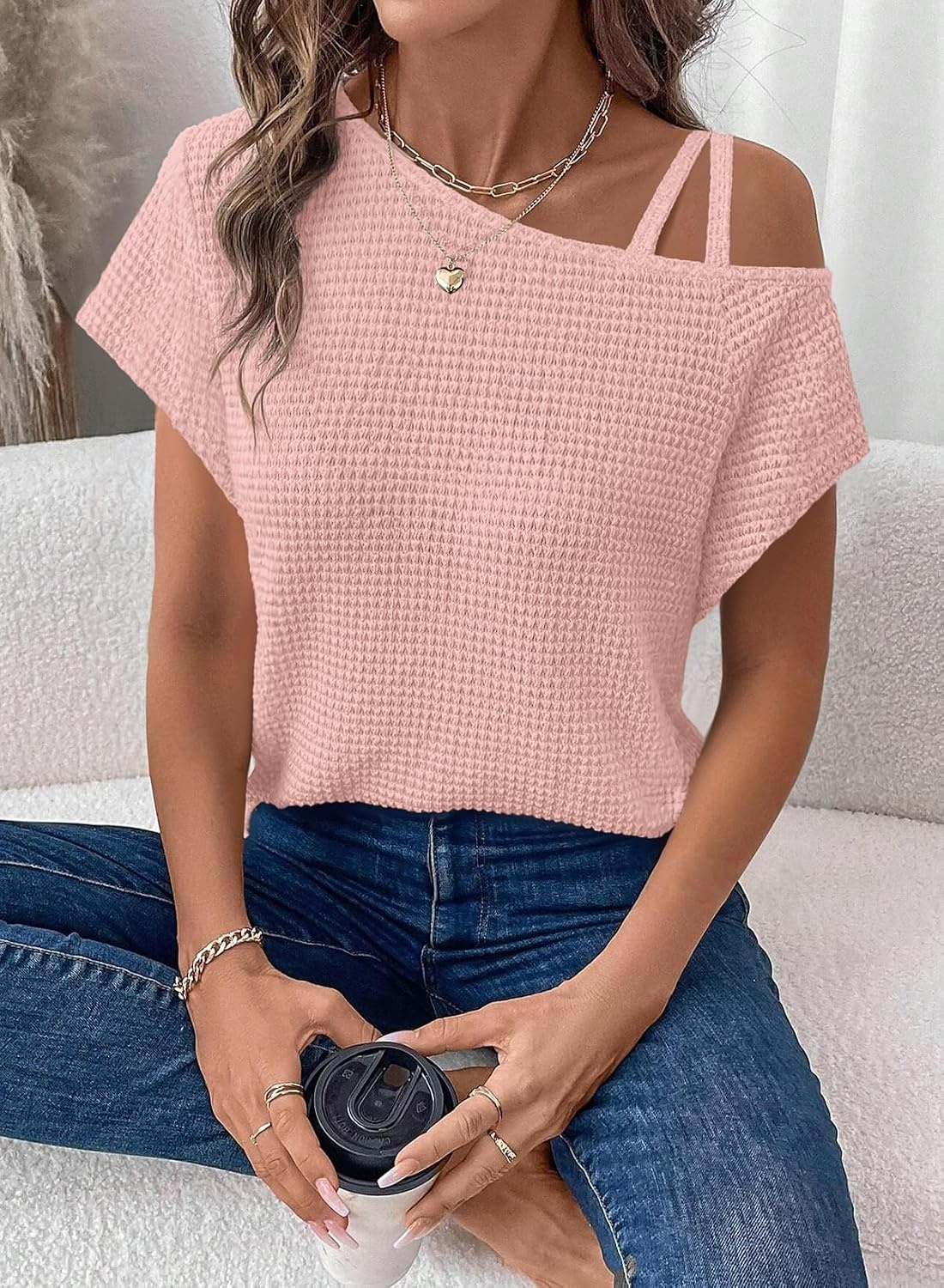 image:imageDokotoo Womens Summer Tops Off One Shoulder Waffle Knit Short Sleeve TShirts Casual Lightweight Solid Color BlousesPink
