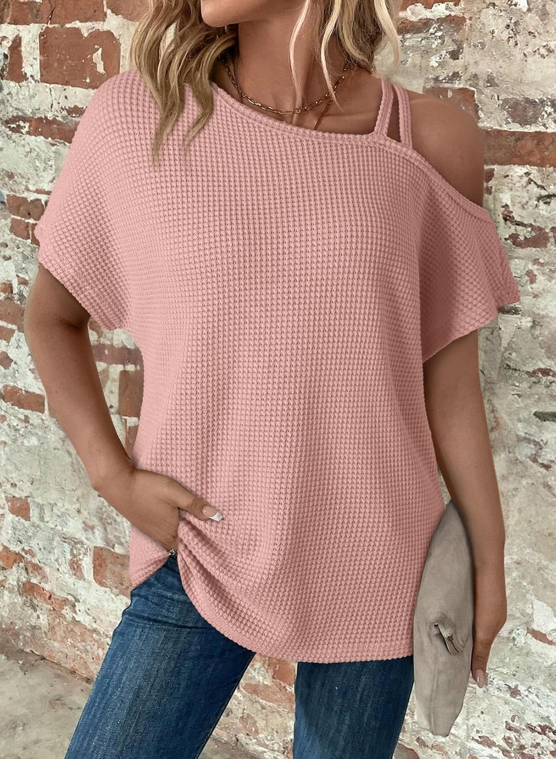 image:imageDokotoo Womens Summer Tops Off One Shoulder Waffle Knit Short Sleeve TShirts Casual Lightweight Solid Color BlousesPink
