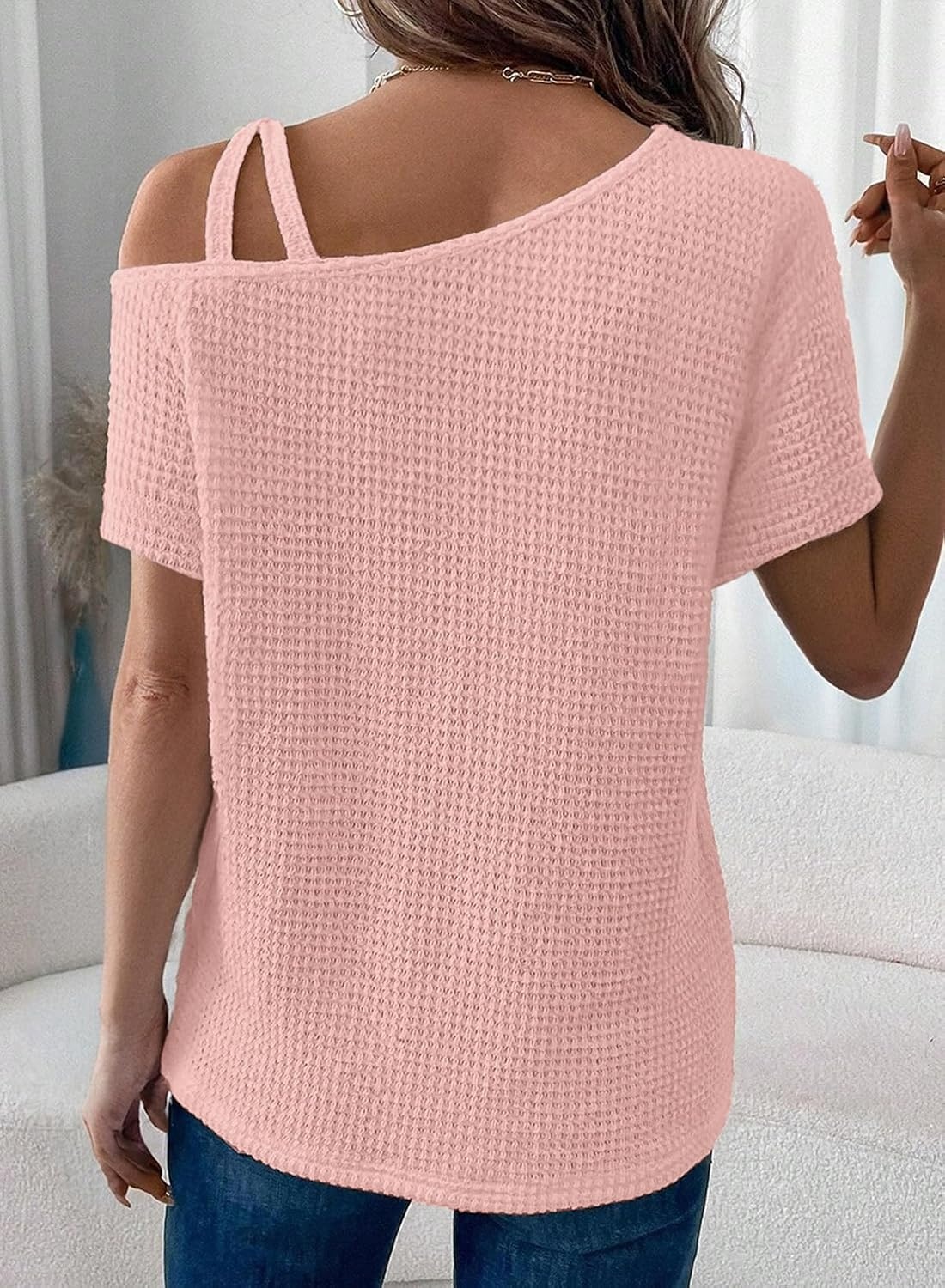 image:imageDokotoo Womens Summer Tops Off One Shoulder Waffle Knit Short Sleeve TShirts Casual Lightweight Solid Color BlousesPink